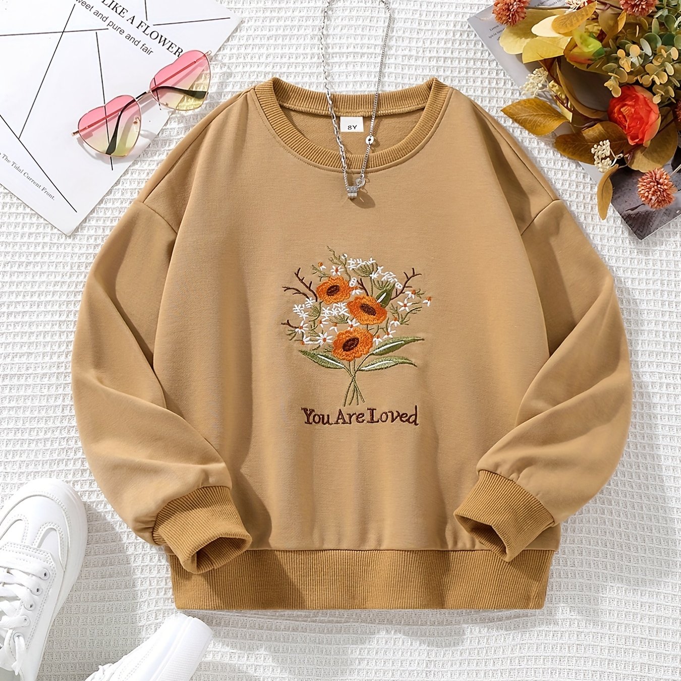 Girls Casual Flower Embroidered Crew Neck Sweatshirt - Temu Norway