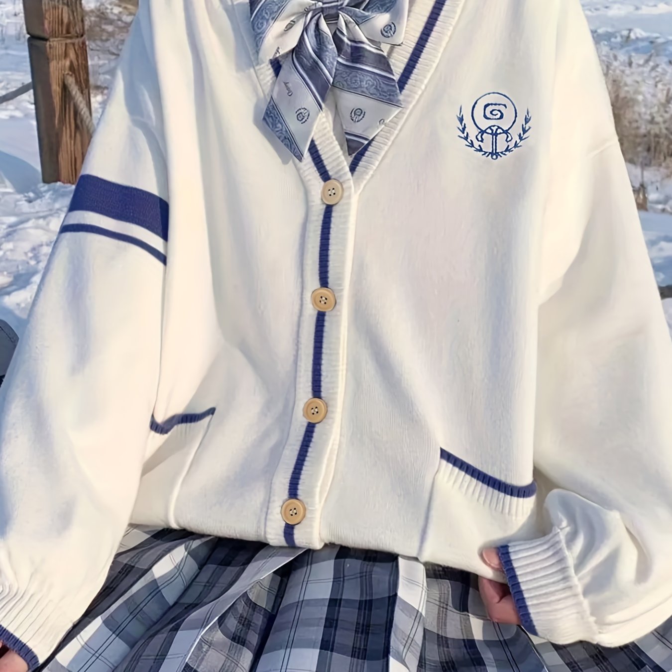 Button Front Kawaii Knit Cardigan, Preppy V Neck Open Front Embroidered Sweater, Women's Clothing