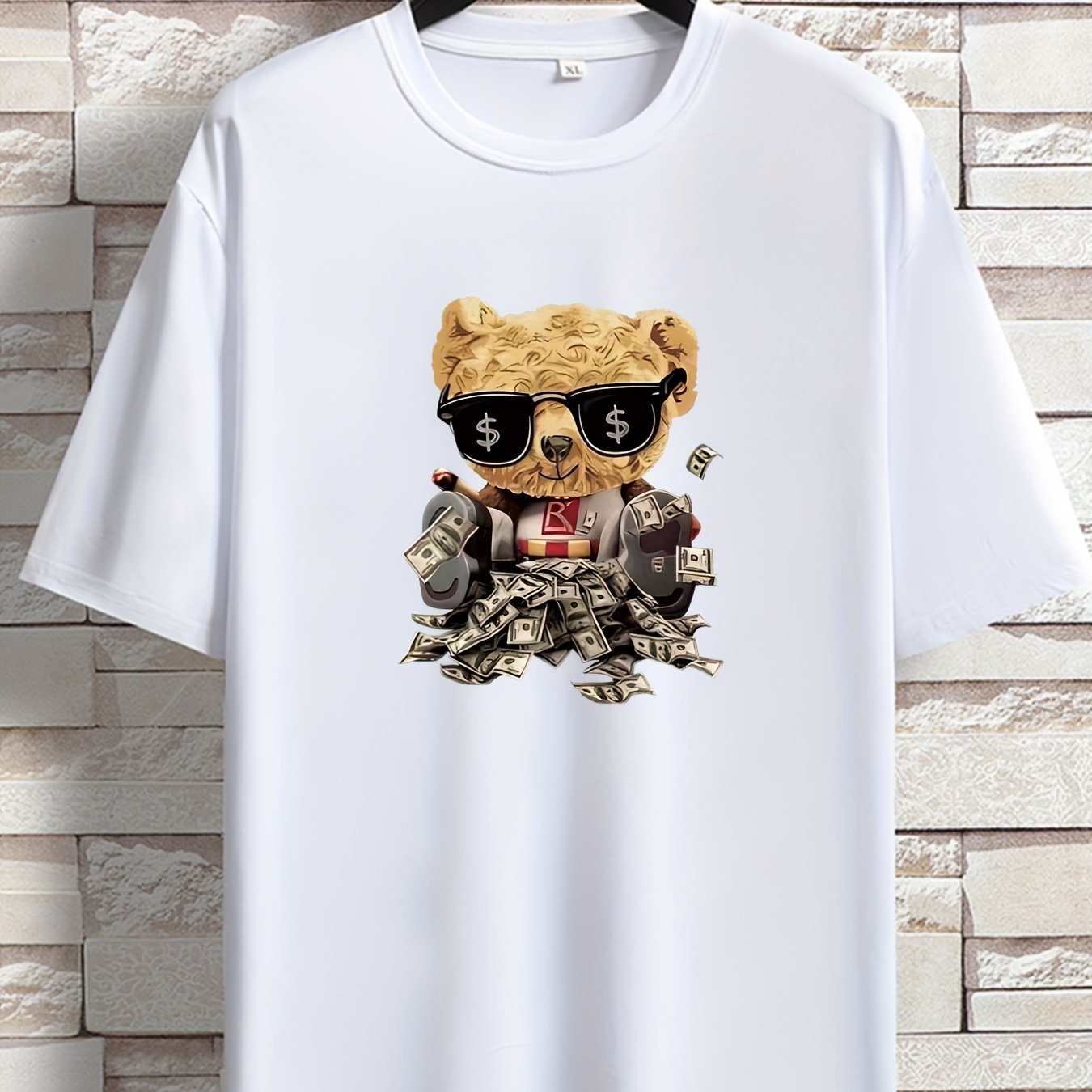 Men's Rich Teddy Bear Print Casual Round Neck Short Sleeve T-shirt - Temu