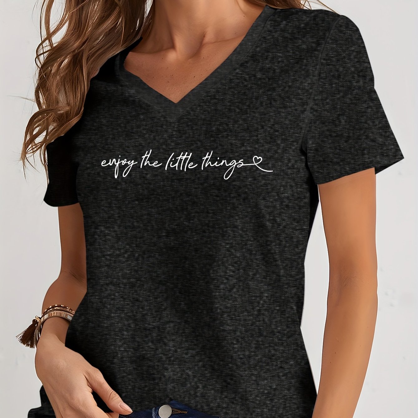 TEMU Letter Print V Neck T-shirt, Casual Short Sleeve T-shirt For , Women's Clothing