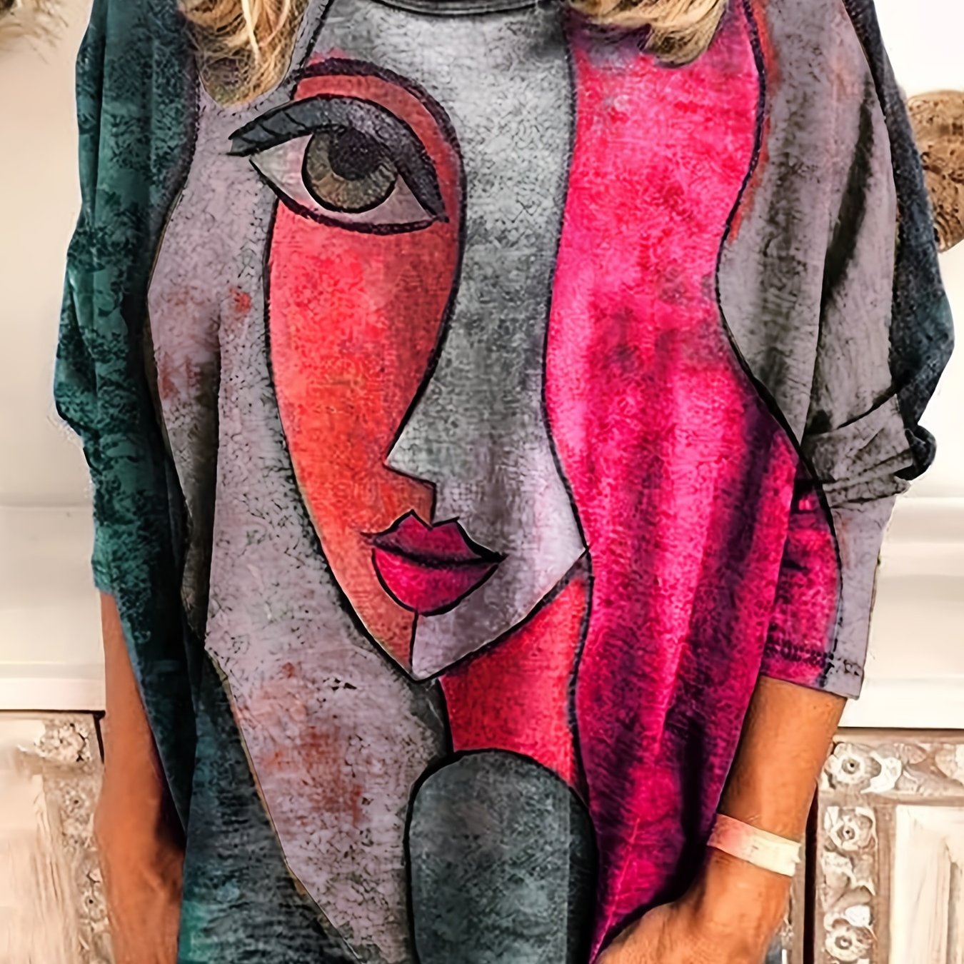 Abstract Face Print T shirt Casual Crew Neck Long Sleeve T - Temu