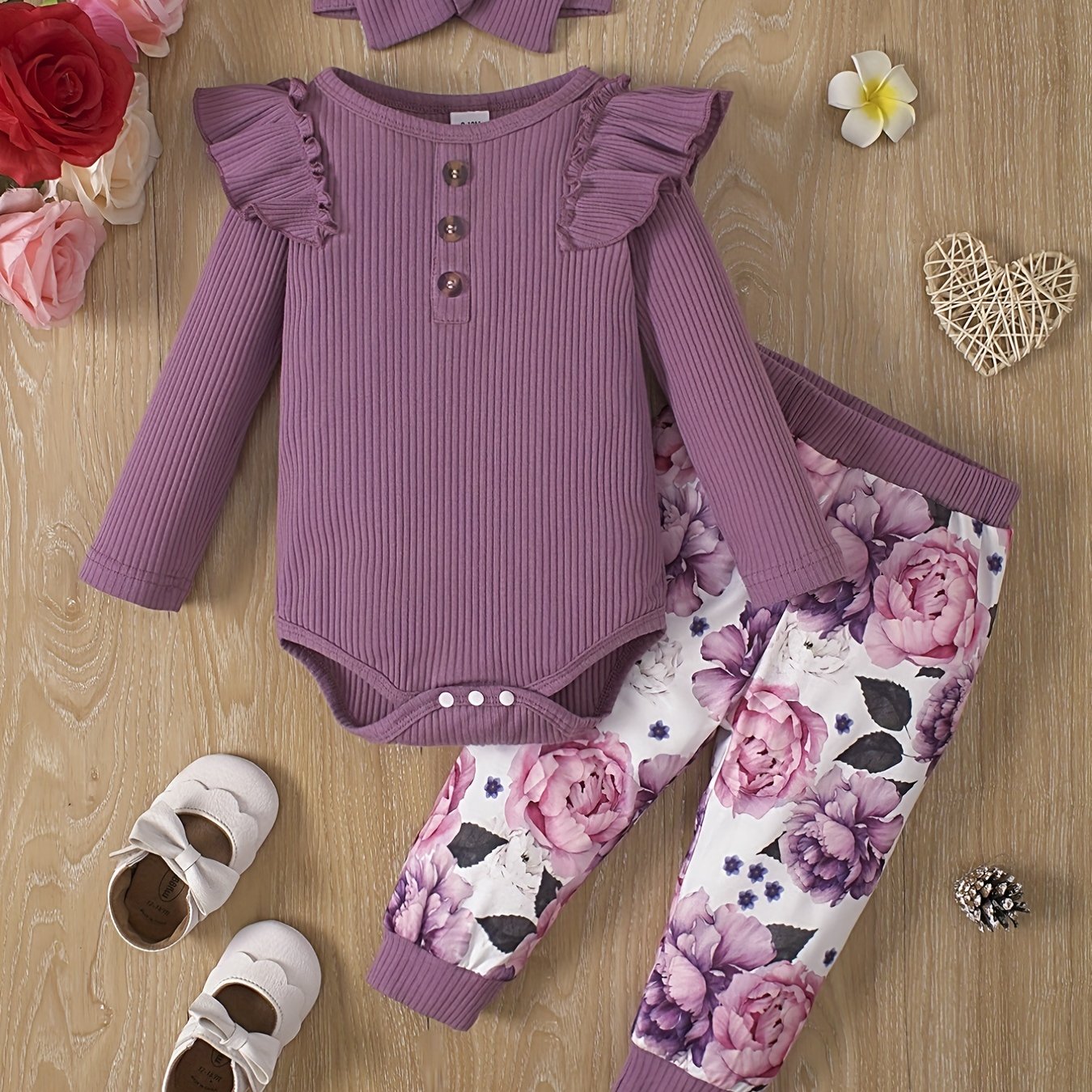Image of Girls' Casual Fashion Long-sleeve Ribbed Ribbed Triangle Romper + Printed Long Pants Set, Perfect For Outdoor