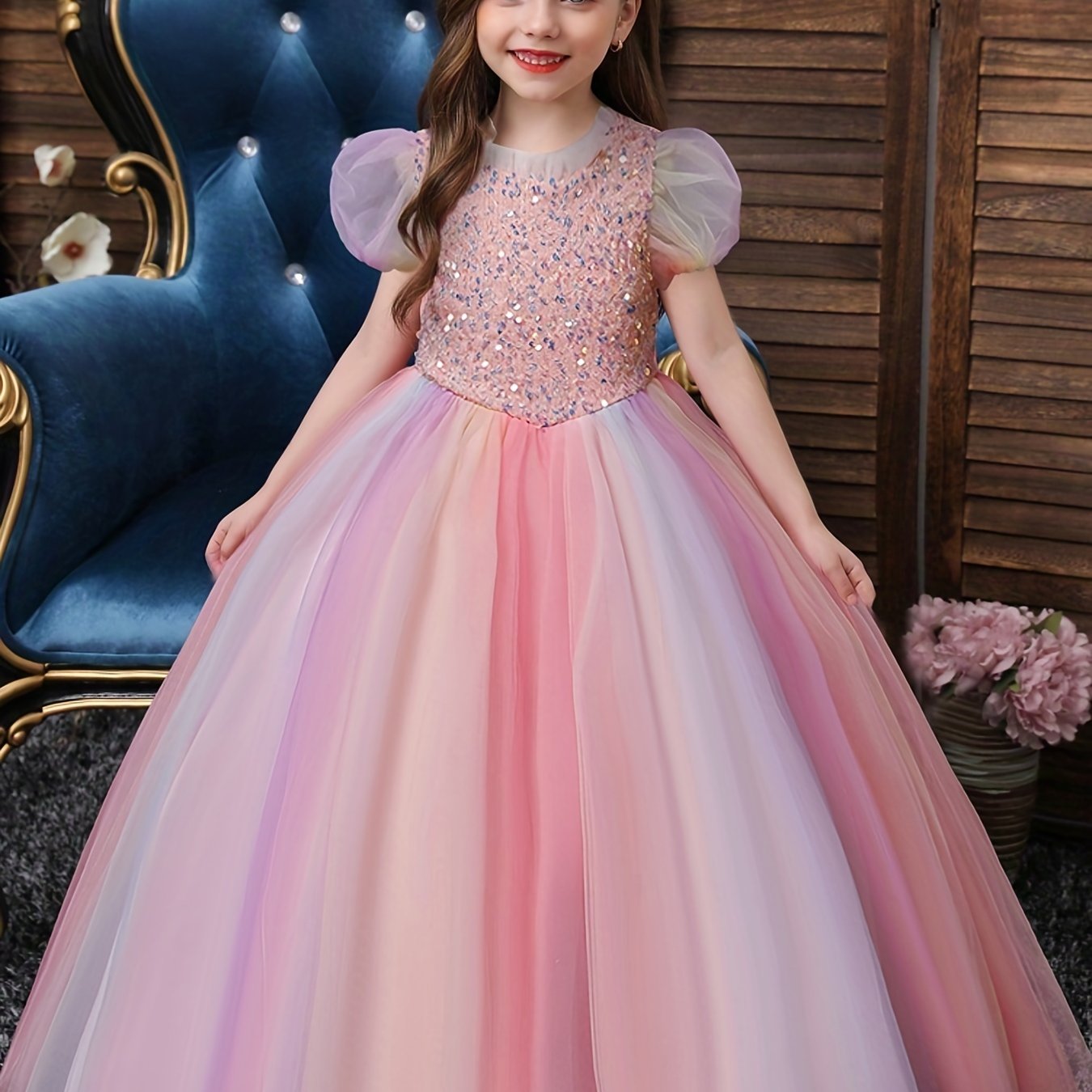 Girls' Dress, Color Mesh Dress, Long Sequin Children's Skirt, Girls' Piano , Princess