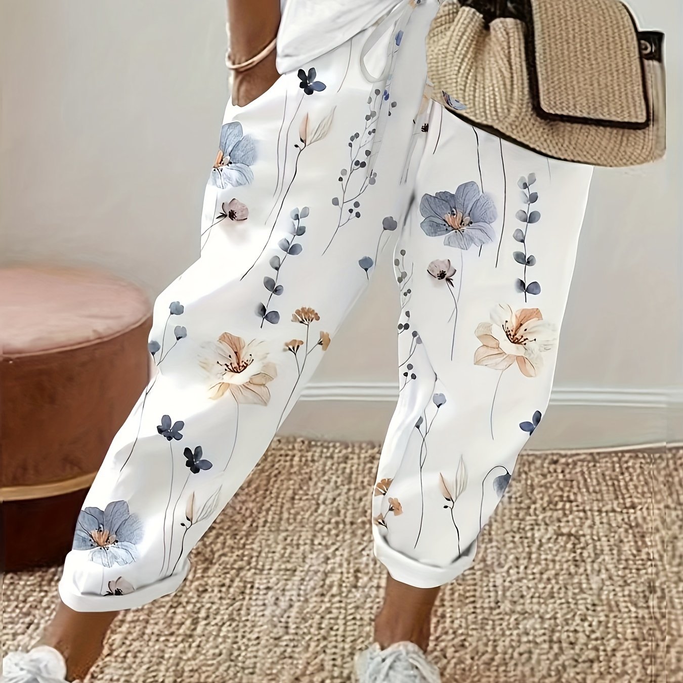 Floral Print Two-Tone Pants Style 241270