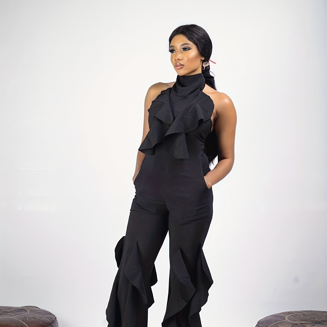 LONG RUFFLED HALTER JUMPSUIT - Black