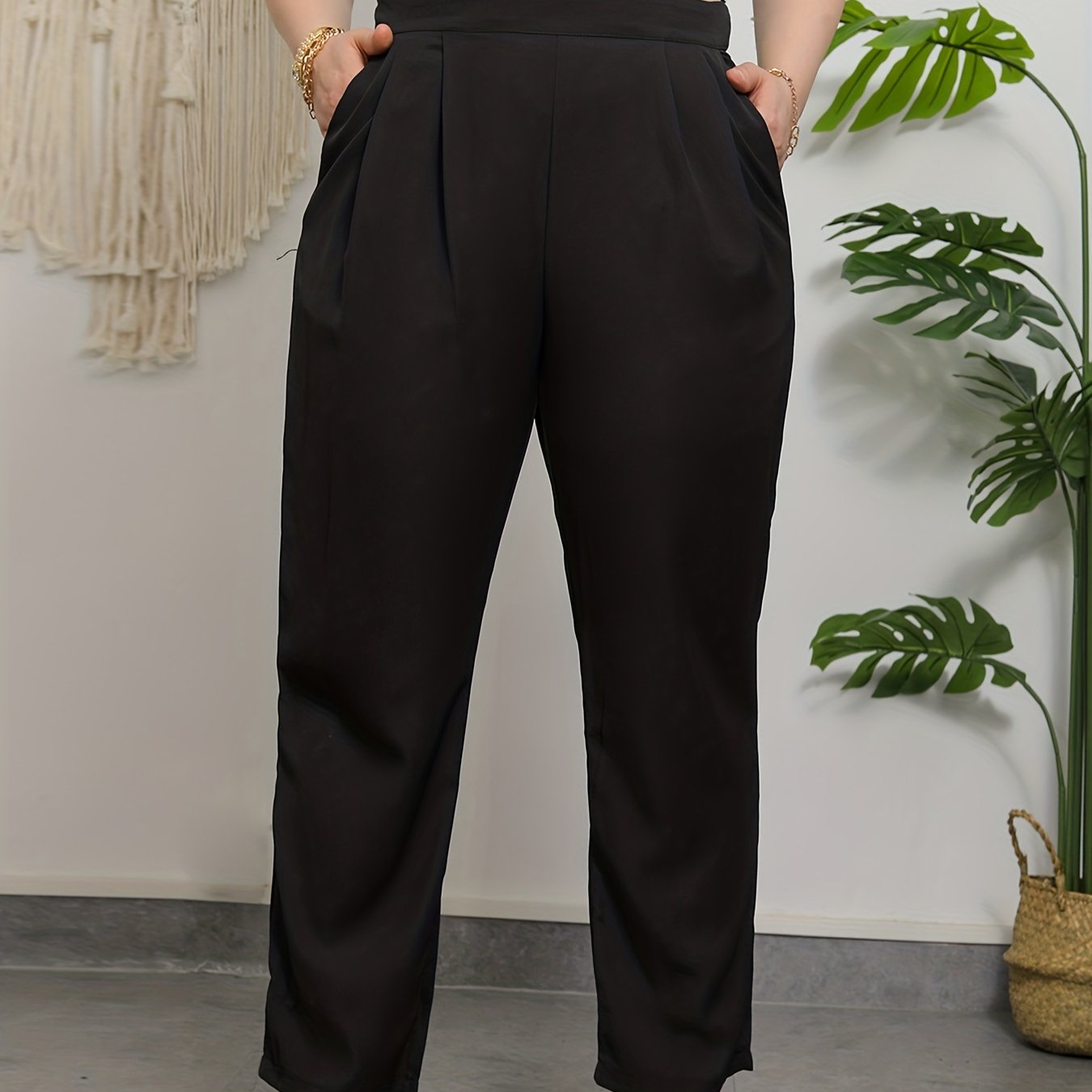 Plus Size Basic Pants, Women's Plus Solid Medium Stretch Workwear Straight  Leg Trousers