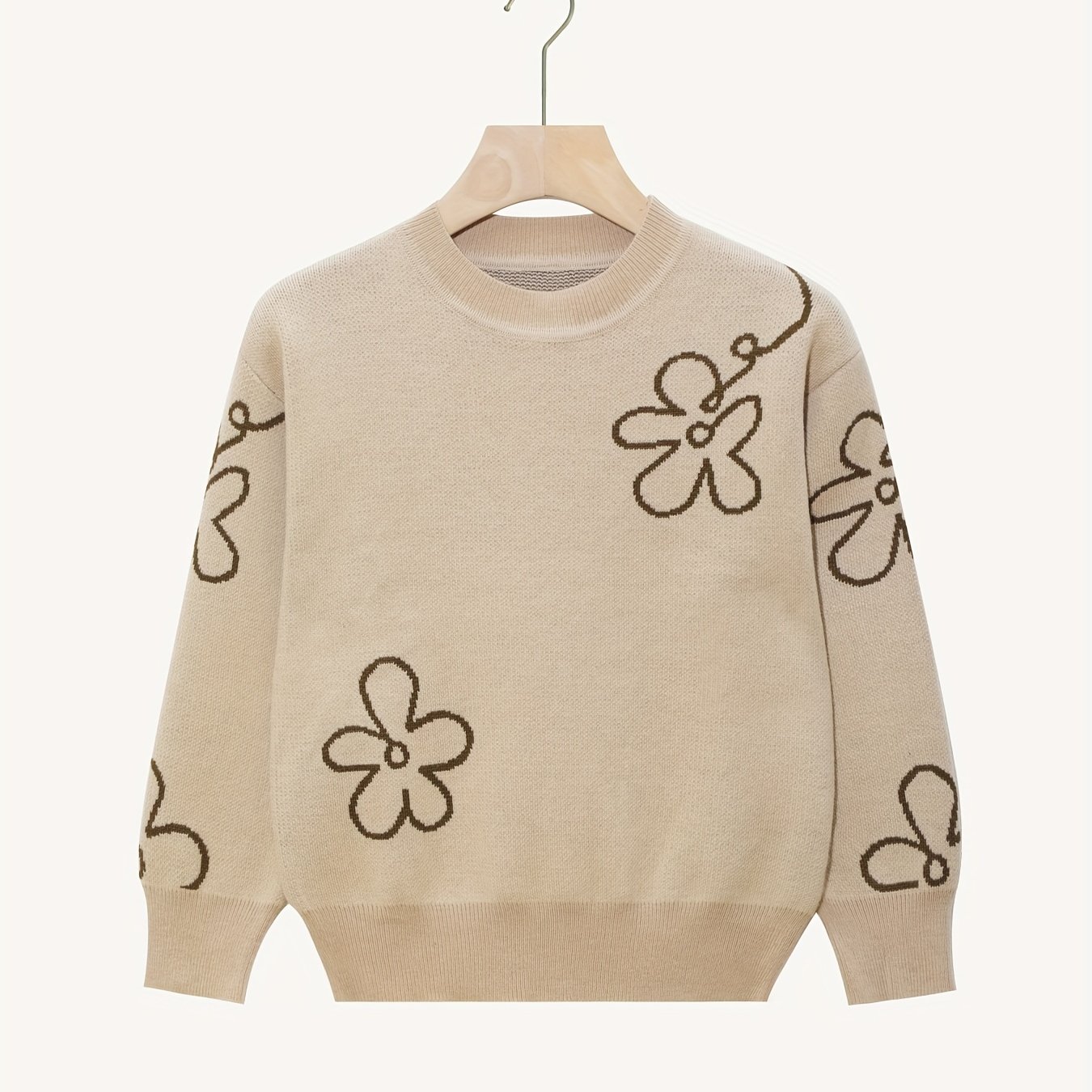 Girls Floral Casual Round Neck Knitted Sweater Kids High Stretch ...