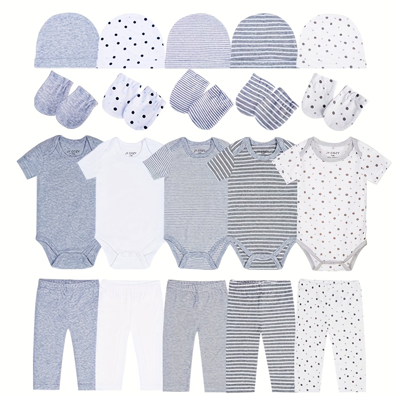 Image of 20pcs Newborn Baby Boy Clothing Set, 5 Rompers + 5 Pants + 5 Hats + 5 Pairs Of Mittens, Perfect For Outdoor
