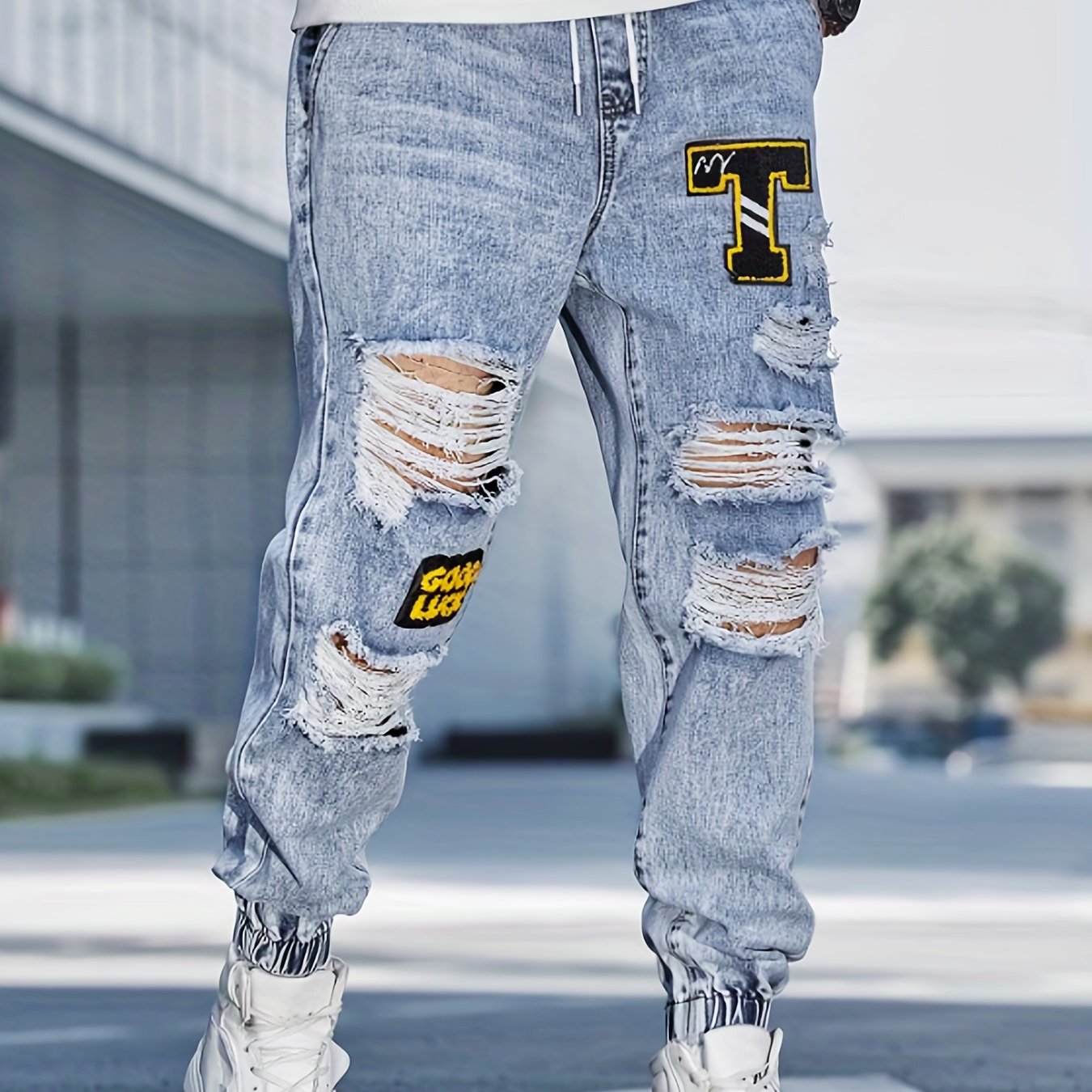 Men's Loose Fit Tapered Jeans, Men's Casual Street Style Ripped Denim Pants