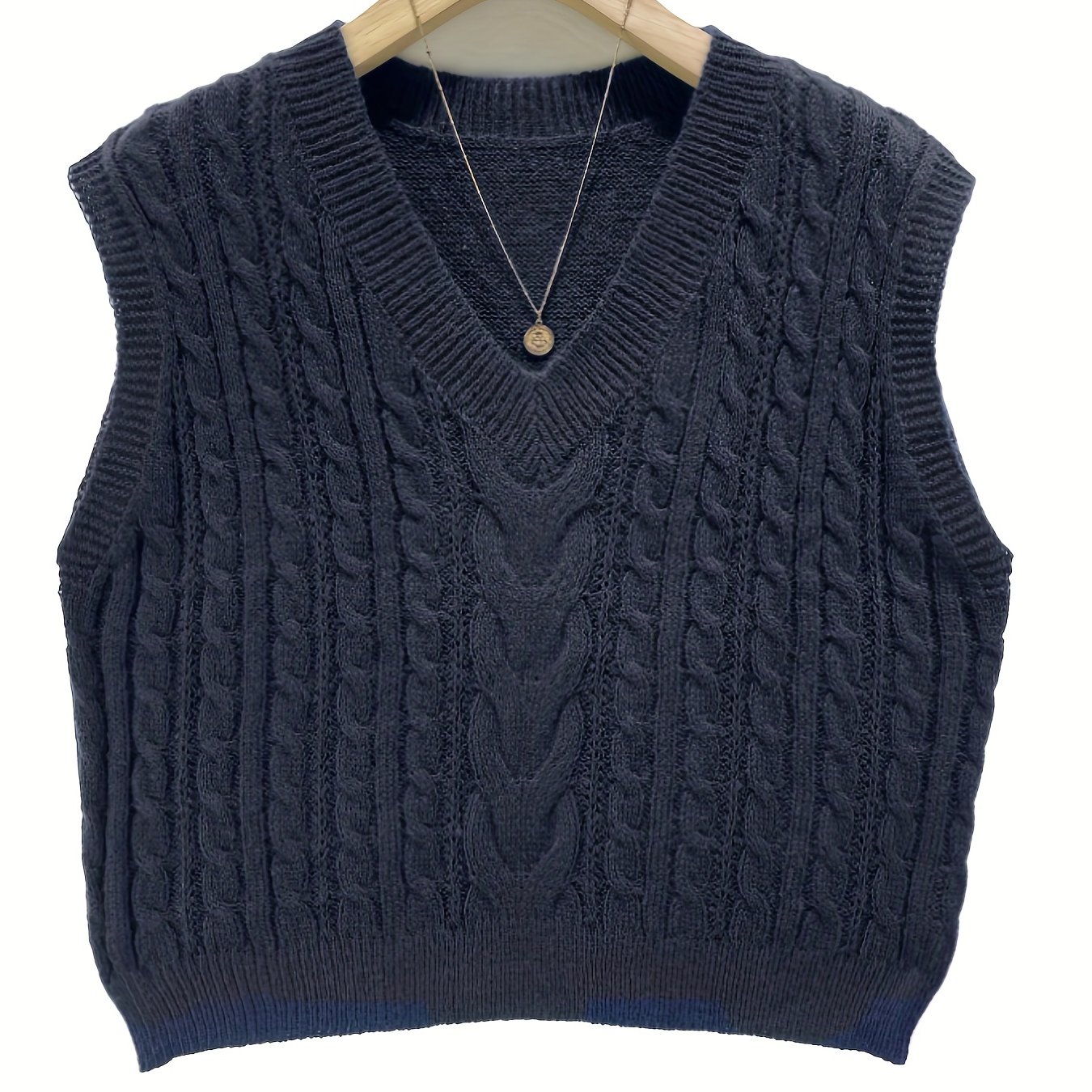 Cable Knit Sweater Vest Preppy Solid V Neck Sleeveless Vest Women's ...