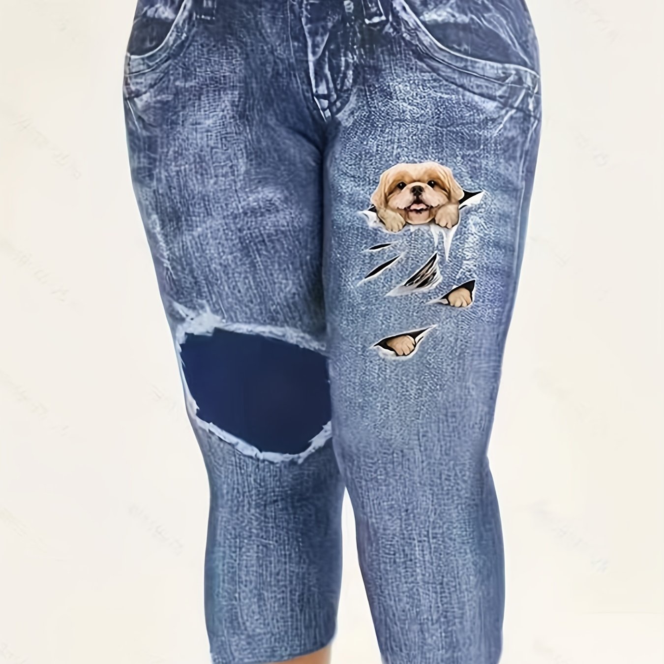 Plus Size Denim Print High Capri Leggings Women's Plus - Temu