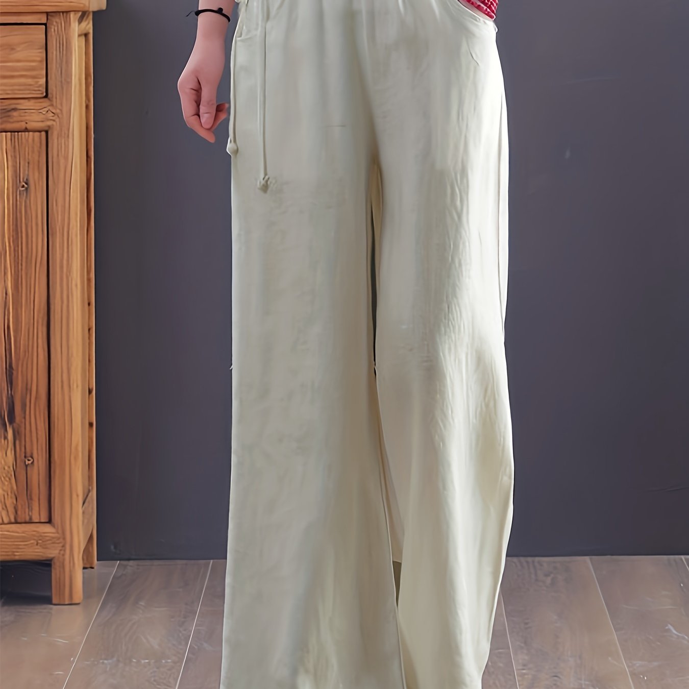 Elastic Waist Solid Color Drawstring Pants, Women's Casual Long Length Women's Clothing Wide Leg Pants,Temu