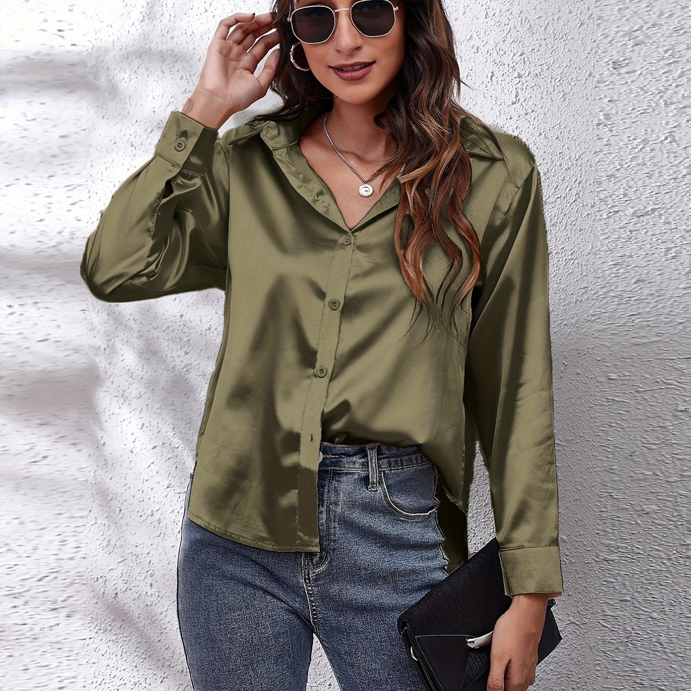 Solid Color Long Sleeve Button Down Tops, Business Casual Blouses For All  Seasons, Women's Clothing