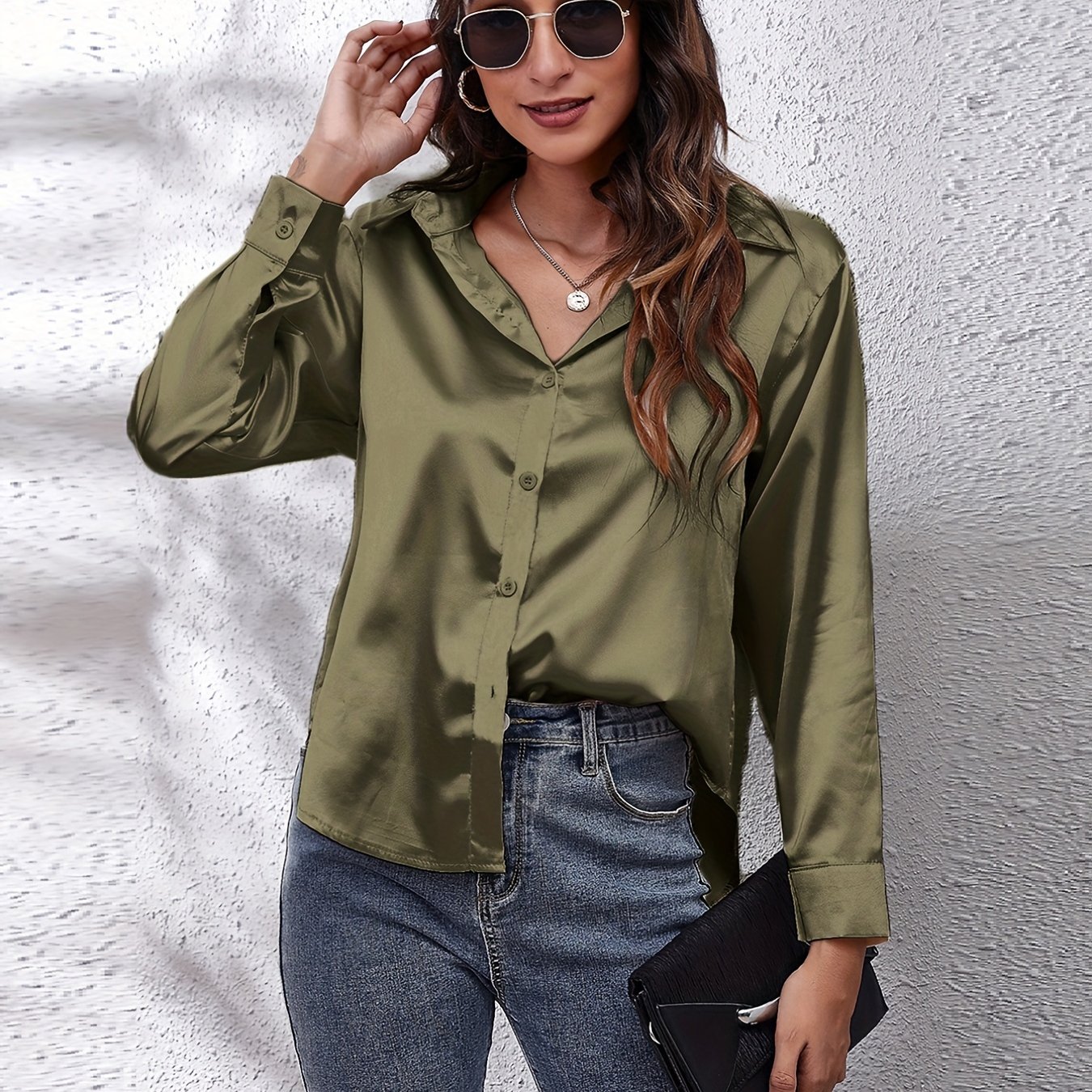 Solid Color Long Sleeve Button Tops Business Casual Blouses - Temu