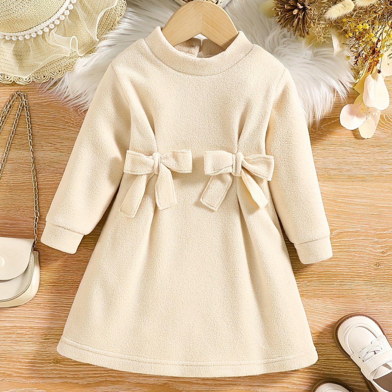 Infant Baby Girl's Plush Bow Long Sleeve Dress Toddler's - Temu