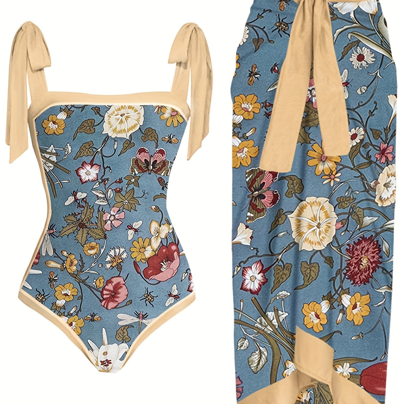 Fruit Print Tie Shoulder Swimsuit Contrast Trim V - Temu