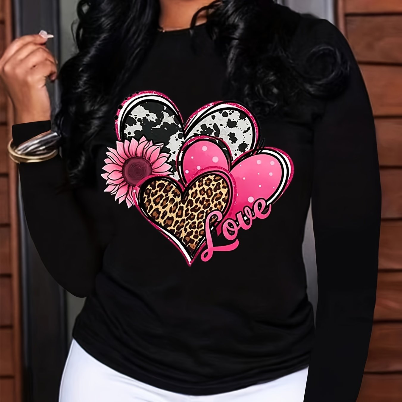 Heart Neck T-shirt, Casual Long Sleeve T-shirt For Spring & Fall, Women's Clothing: retailer-supplied image