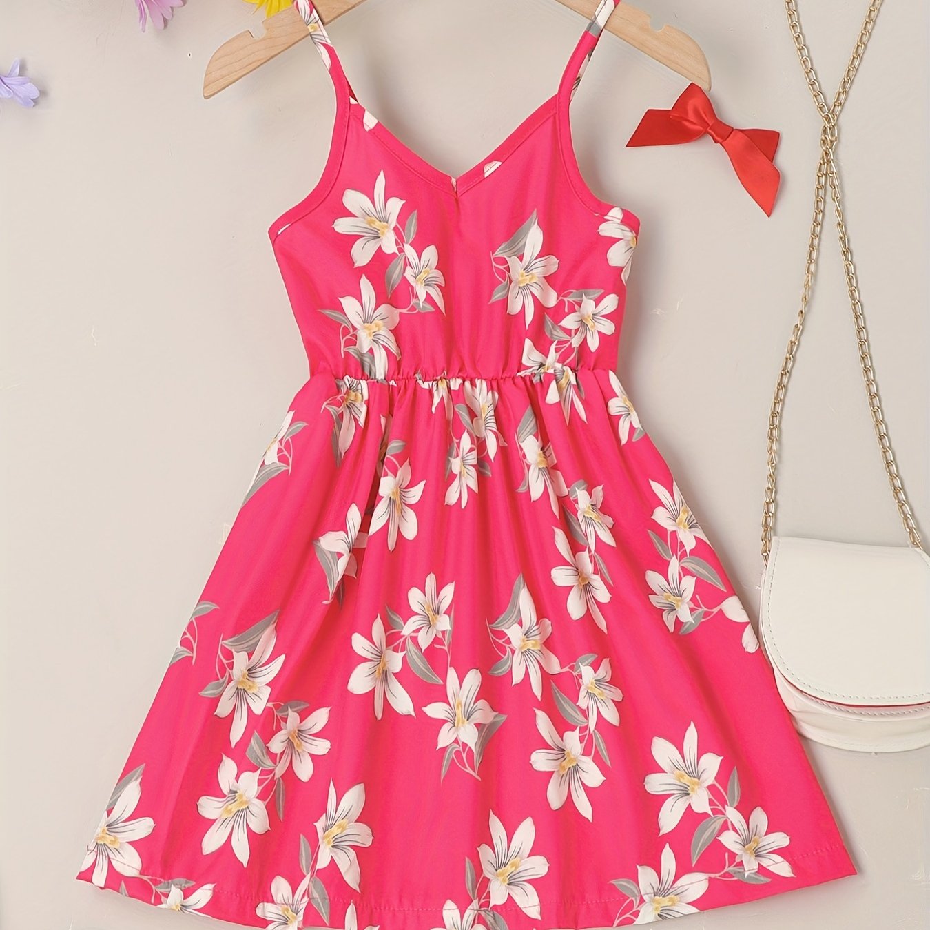 little girls cute sundress floral pattern party beach dress v-neck elastic waist camisole dress for summer rose red