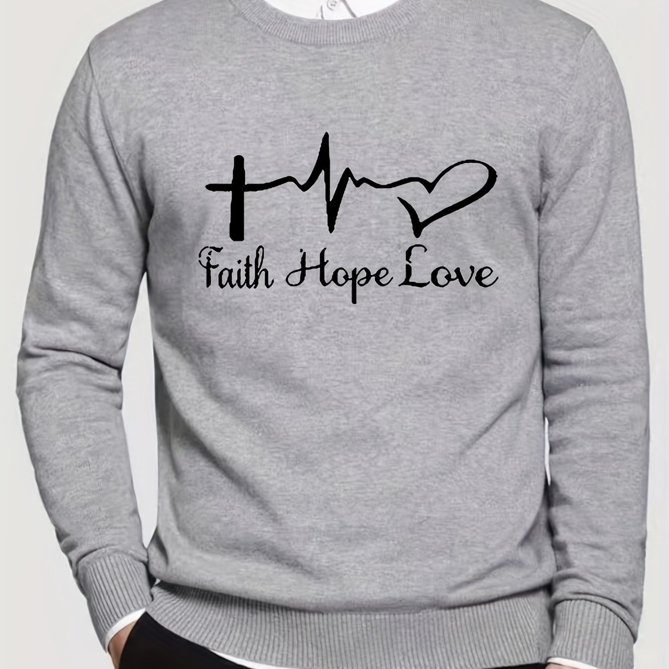 Faith Hope Love Pattern All Match Knitted Sweater Men's Casual Warm Mid ...