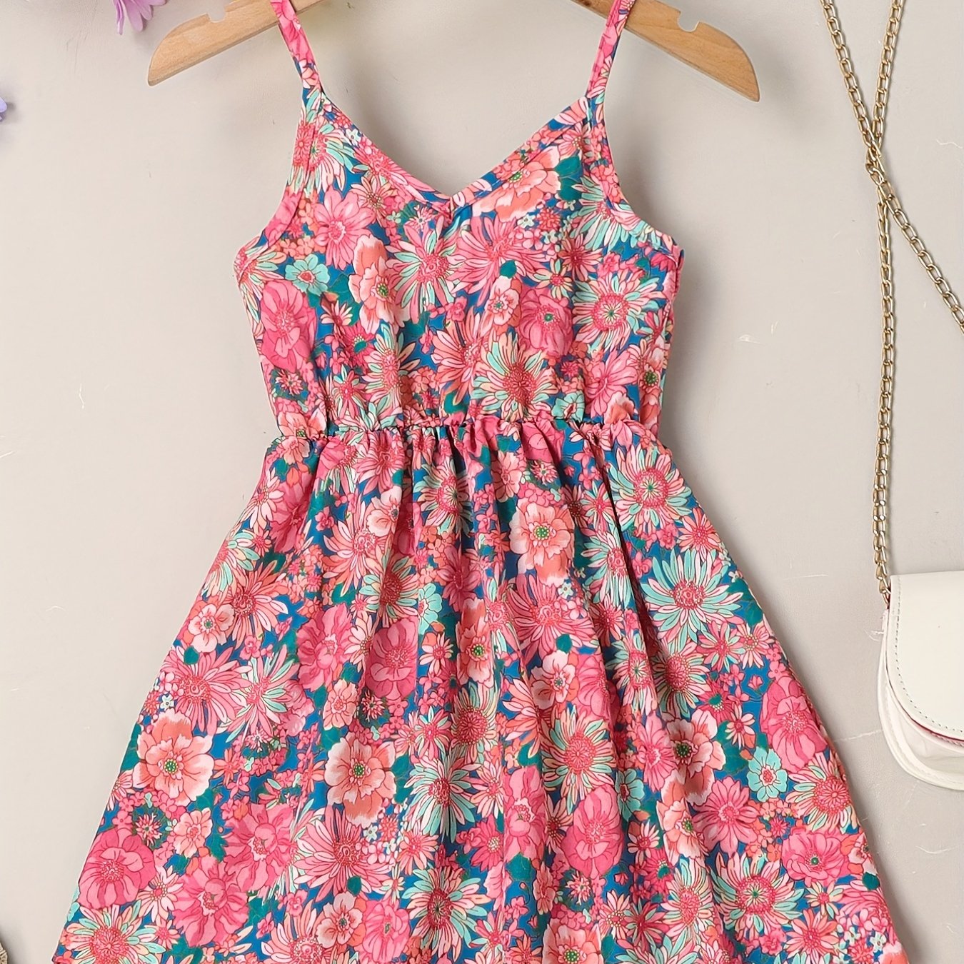 little girls cute sundress floral pattern party beach dress v-neck elastic waist camisole dress for summer rose red