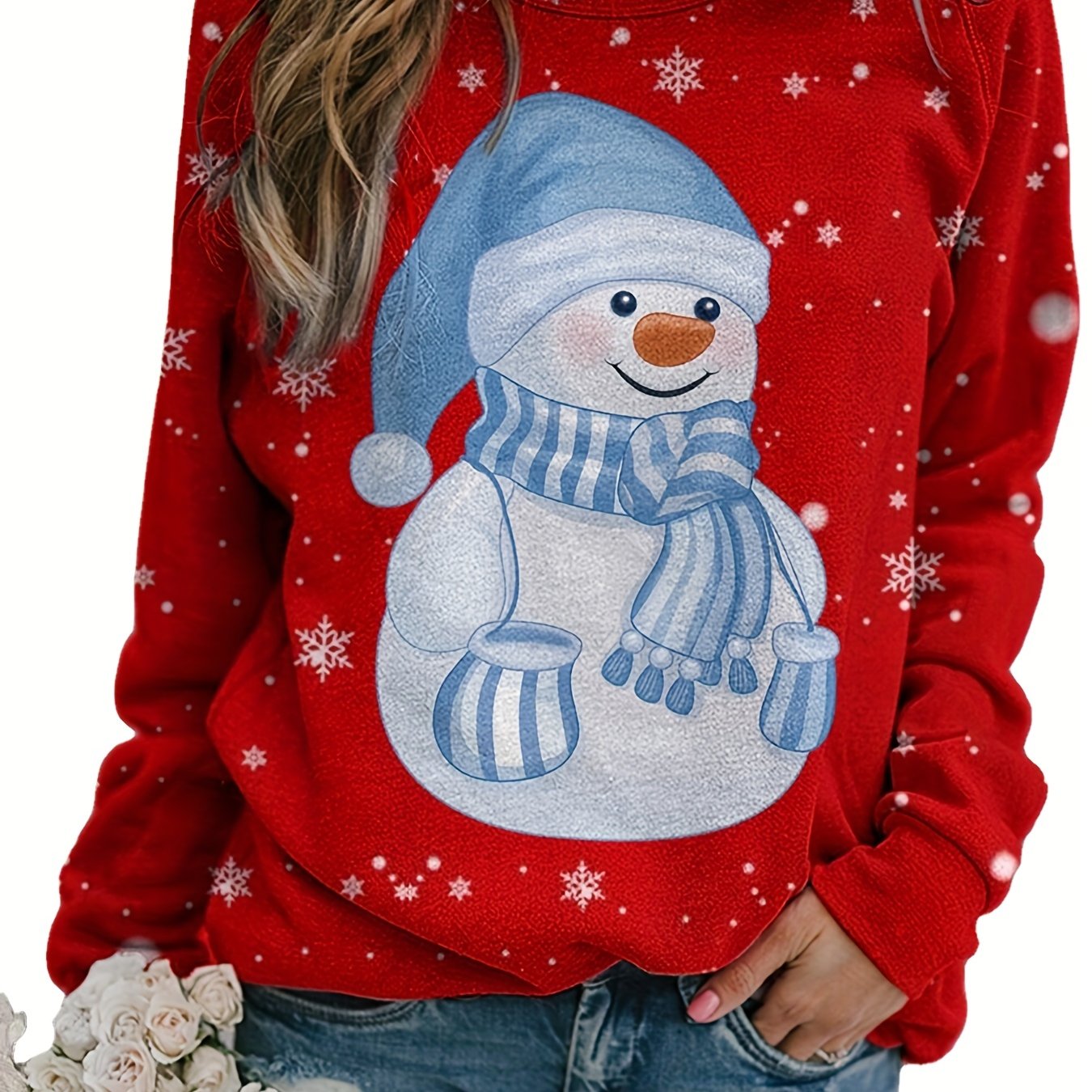 TEMU Snowman Print Crew Neck Pullover Sweatshirt, Casual Long Sleeve Sweatshirt For Spring & Fall, Women's Clothing