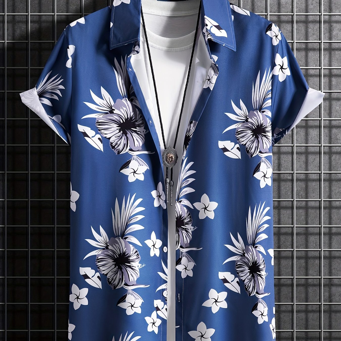Tropical Print Square Neck Short Sleeve Shirt, Men's Slight Stretch Street Summer White Floral Pattern Casual Vacation Resort Hawaiian Shirt,Temu