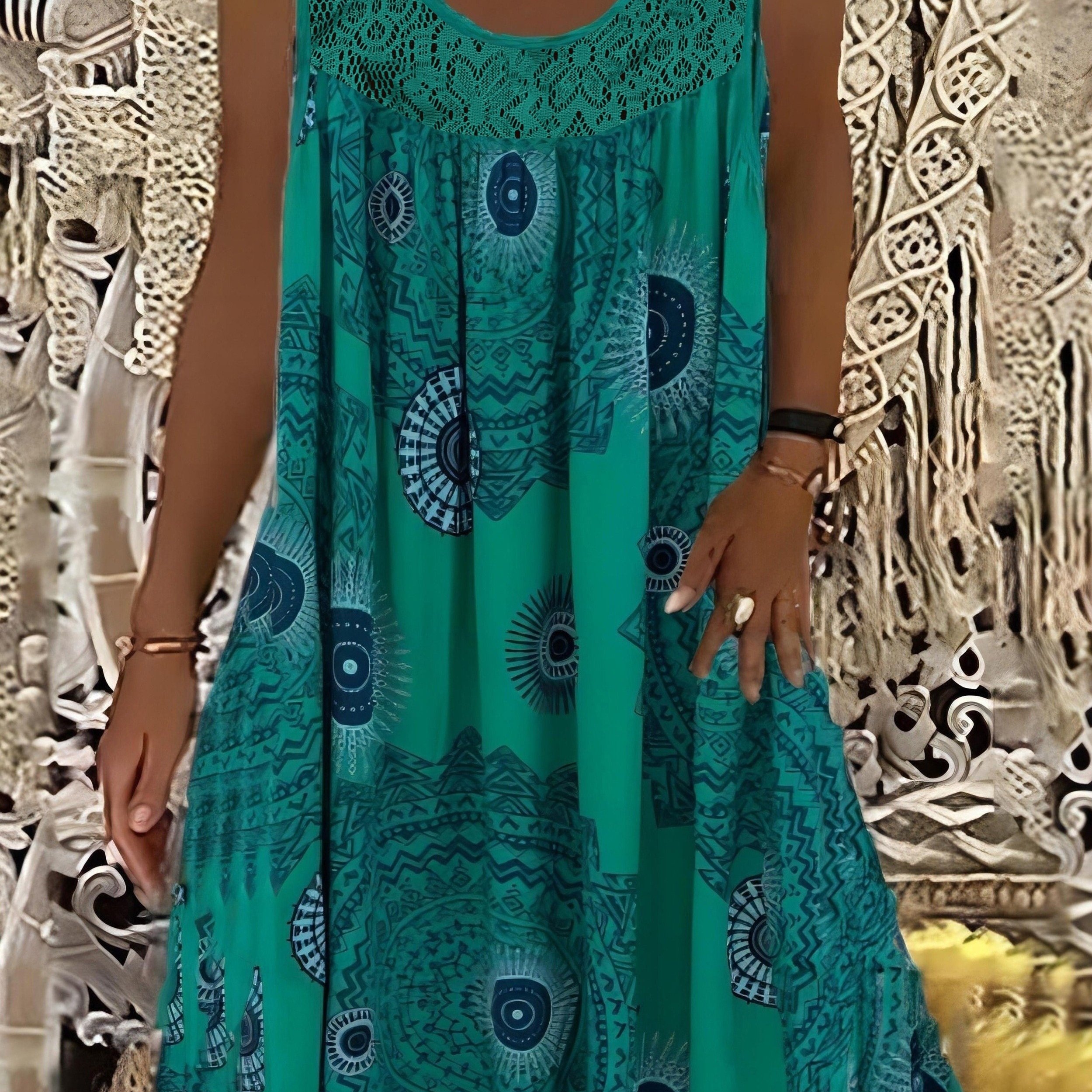 TEMU Women's Elegant Sleeveless A-line Dress With Contrast Lace Hem & Geometric Print - Knee-length Flared Skirt, Round Neck, Machine Washable, Plus