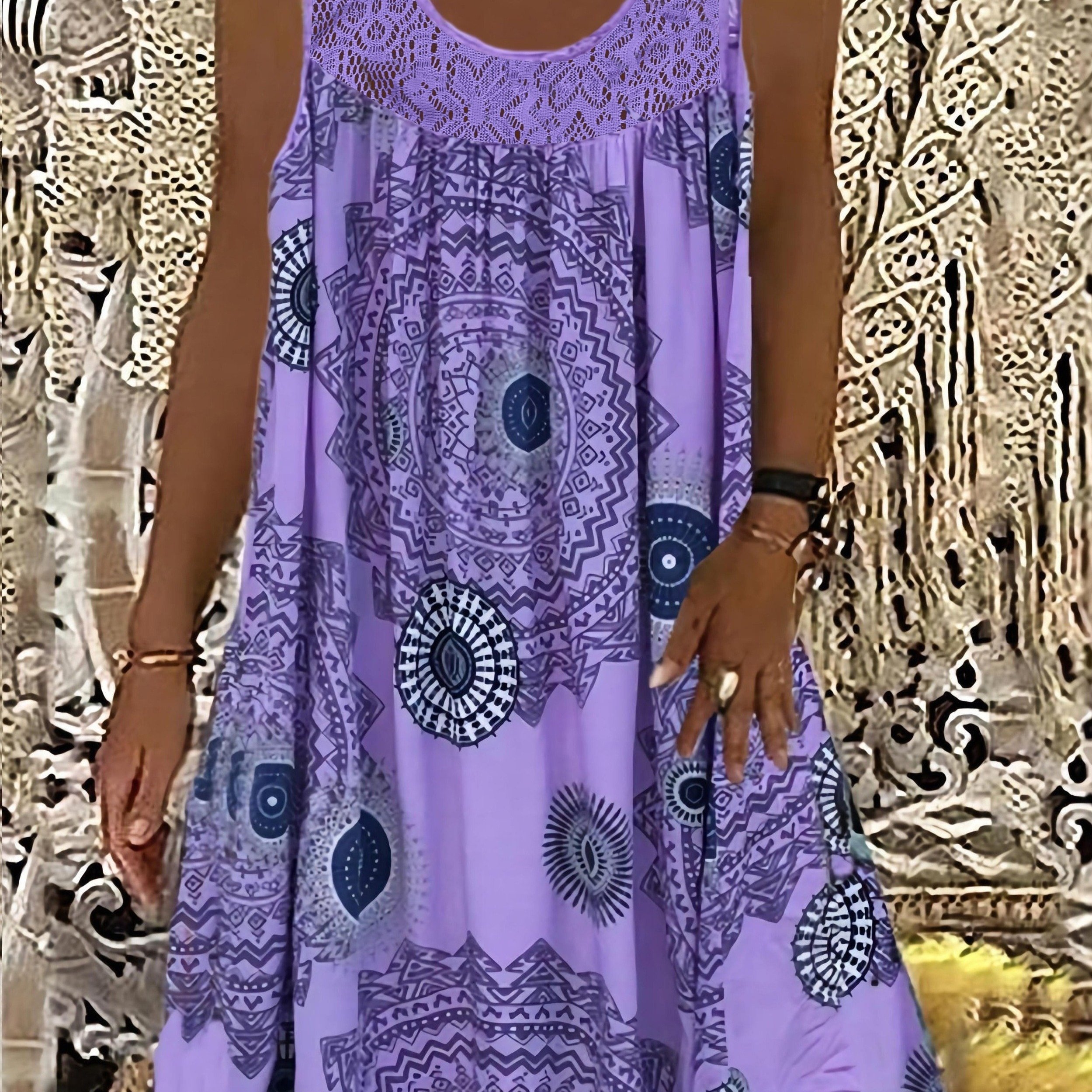 E-shop Damenschmuckloses A-Linien-Kleid mit Kontrastspitze & geometrischem Muster – Kniehocher Rock, Rundhalsausschnitt, maschinenwaschbar, Plus Size