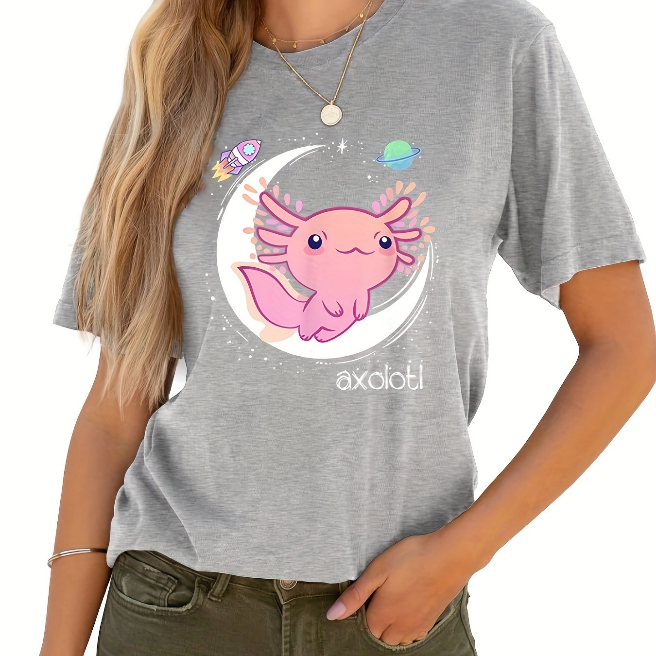 Camiseta de gola redonda com estampa de desenho animado Axolotl, camiseta  de manga curta Kawaii para primavera e verão, roupas femininas - Temu  Portugal