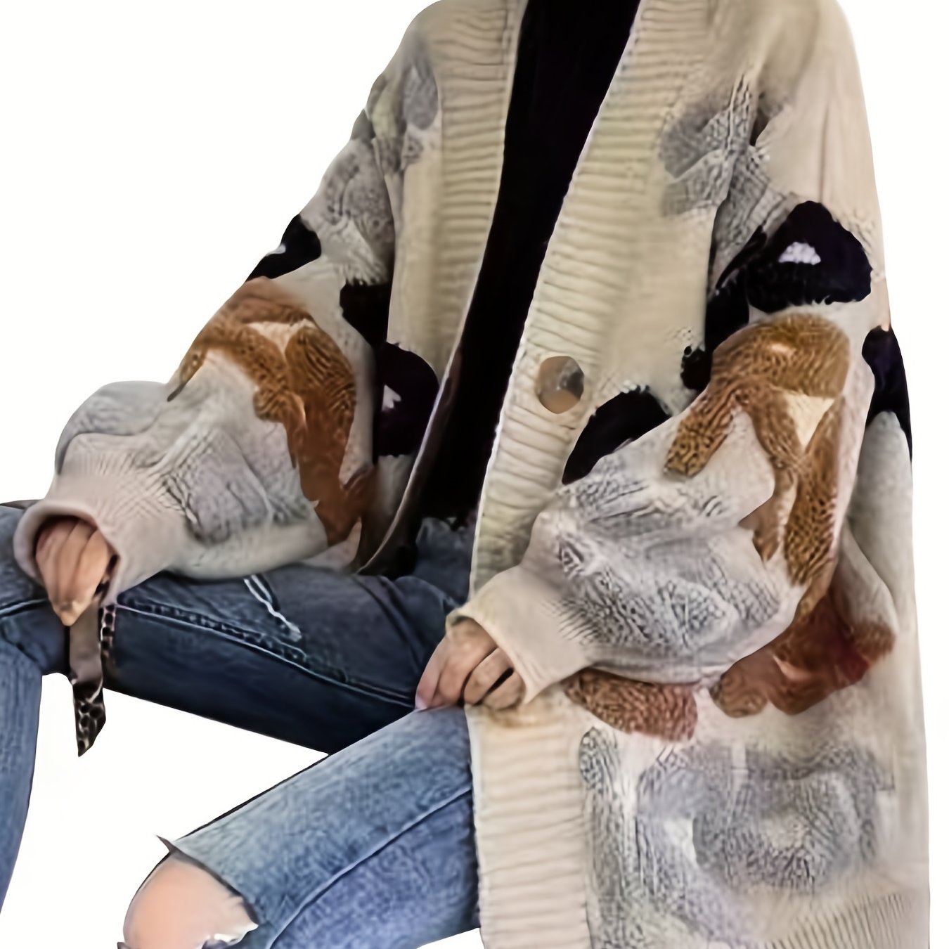 Letter Pattern Button Up Cardigan, Casual Long Sleeve Cardigan For Fall & Winter, Women's Clothing