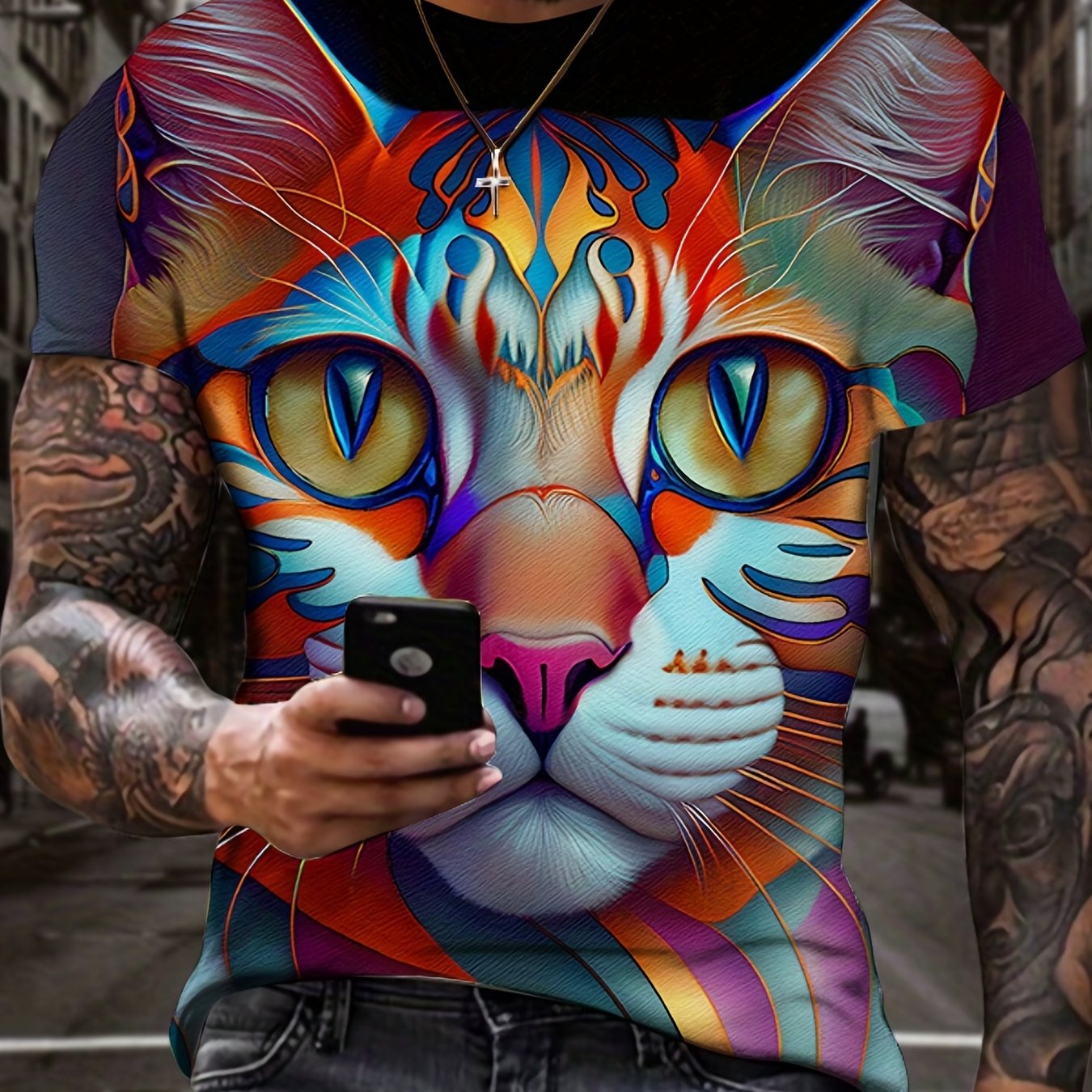 Stylish Cat 3d Digital Pattern Print Men's Graphic T shirt - Temu