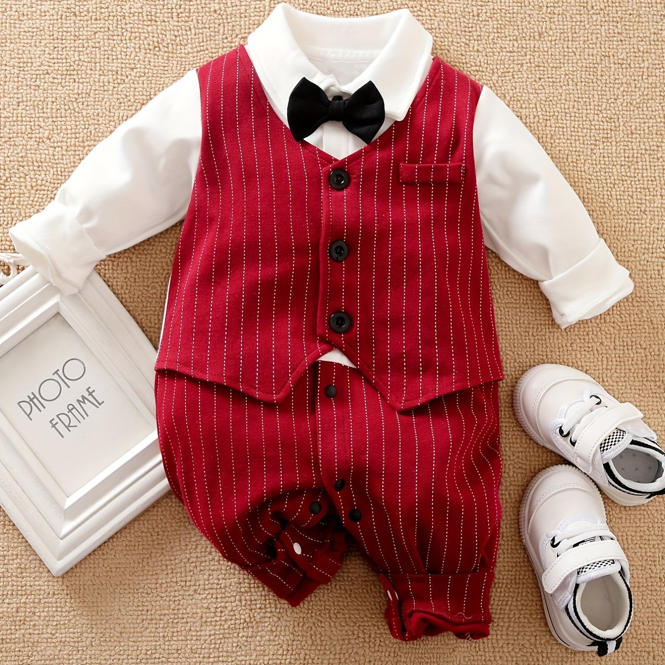 Wine Red Striped Gentleman Bow Tie | Long-sleeve Baby Romper For Spring/fall, , Regular Fit, For Outdoor