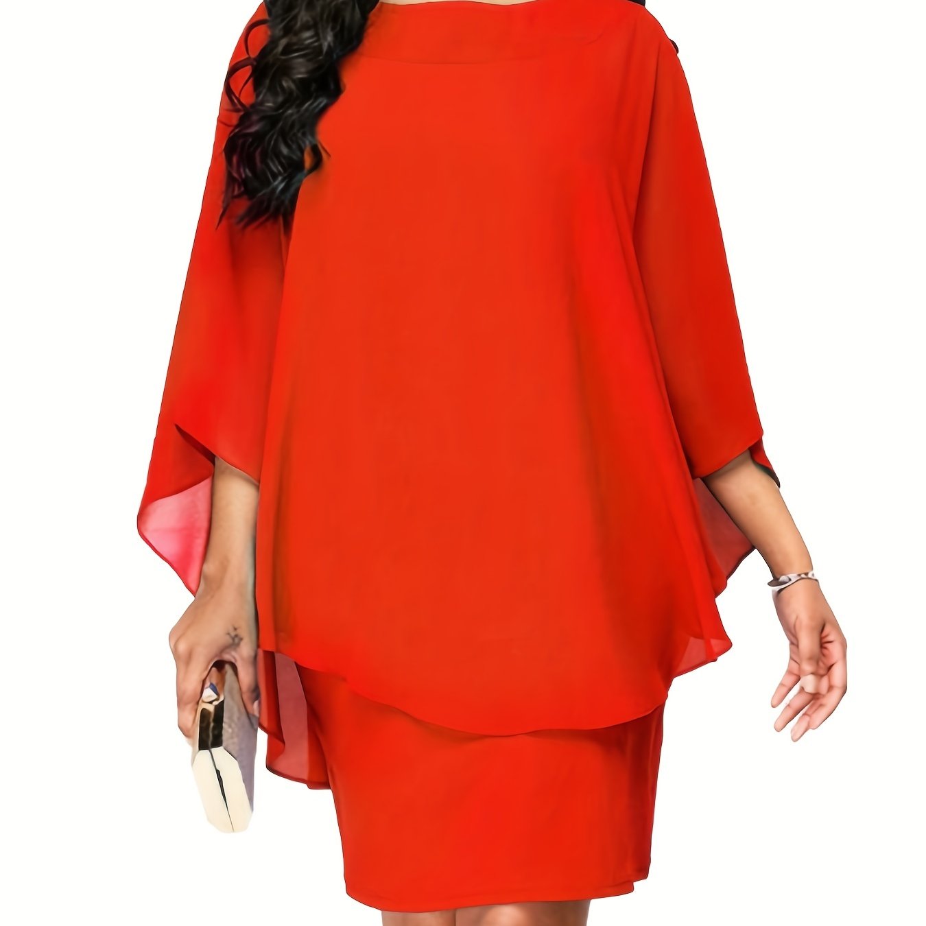 plus size solid round neck 3 4 sleeve cape midi dress womens plus elegant slight stretch cape midi dress