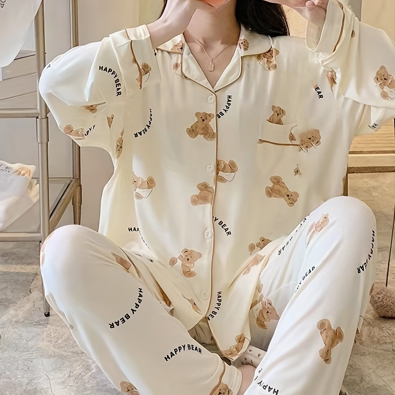 TEMU 漫画のクマプリントパジャマセット、かわいい ラペル 長袖ブラウス&伸縮性ウエストバンドパンツ、レディースルームウェア&パジャマ