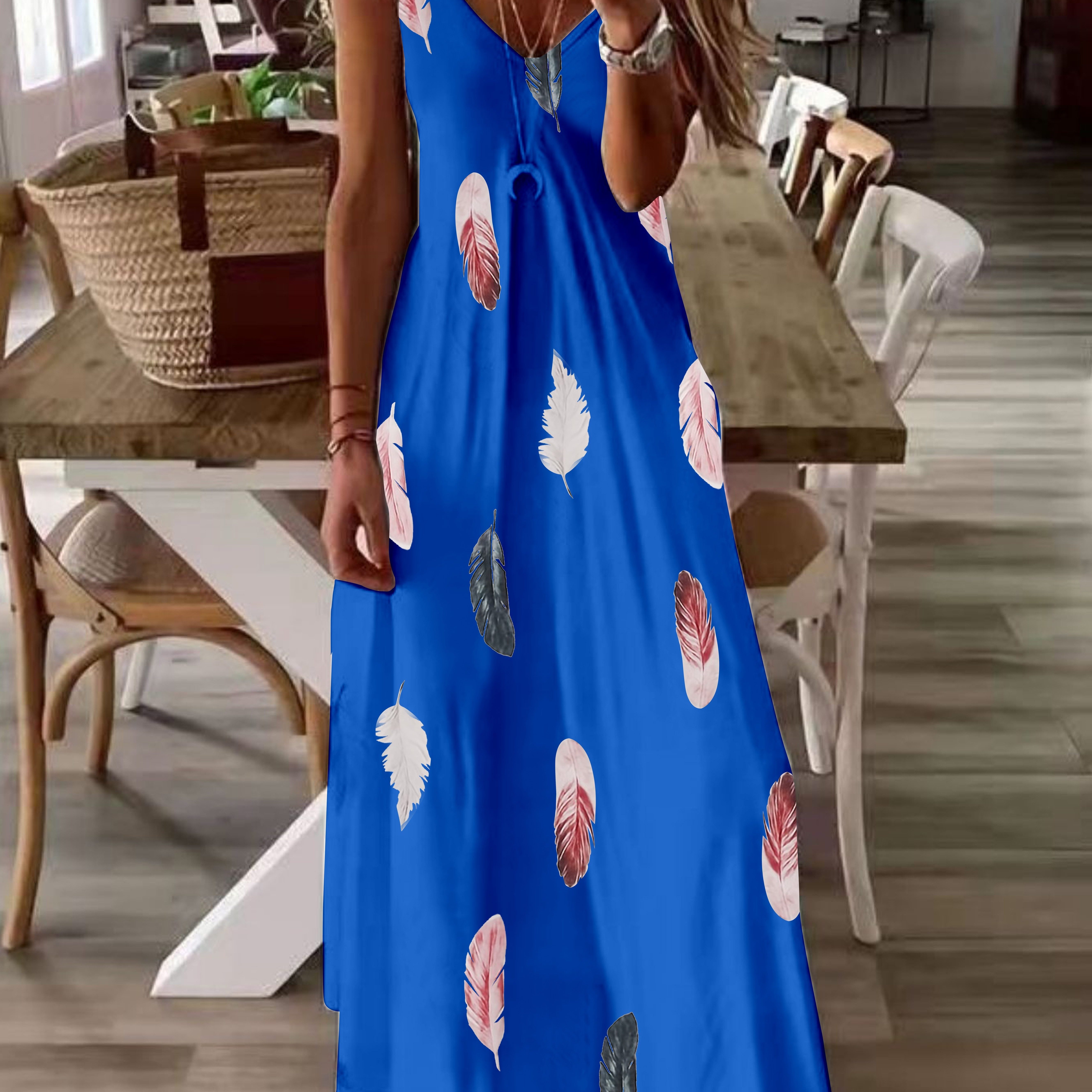 Blue feather print dress sale