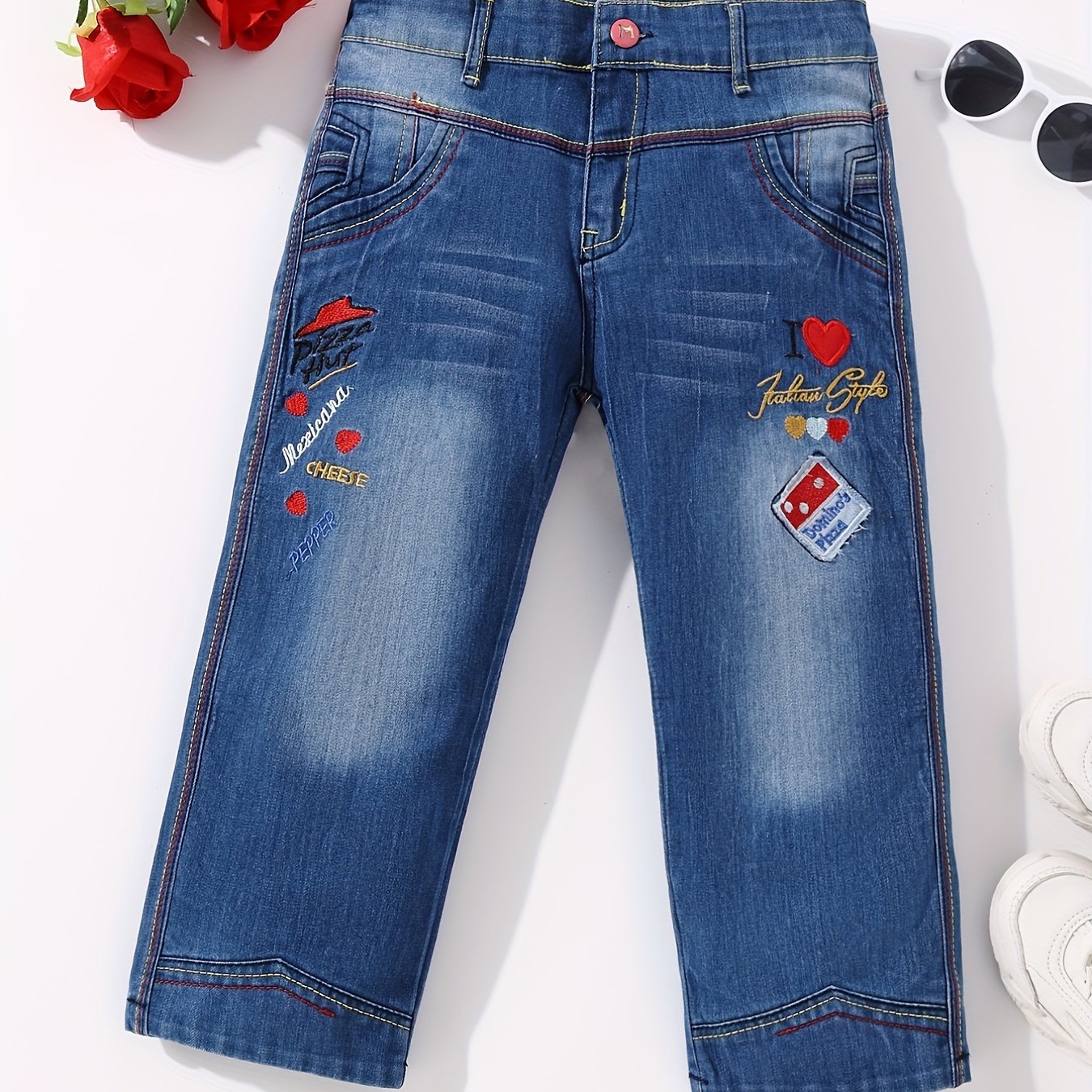 Girls' Raw-Hem Fleece Jeans Cute Hearts Pattern Regular Fit Trendy & Warm  Denim Pants For Autumn And Winter, Girls' Clothing