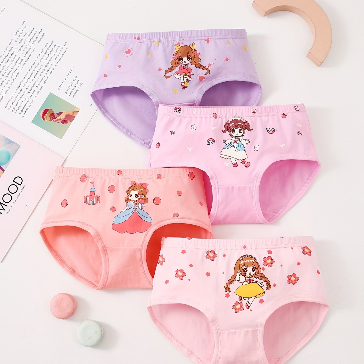 4 Pack Kid Girls Cotton Panties Briefs With Sweet Cute Girl Pattern,  Comfortable Cartoon Panties Kids Baby Girls Brief