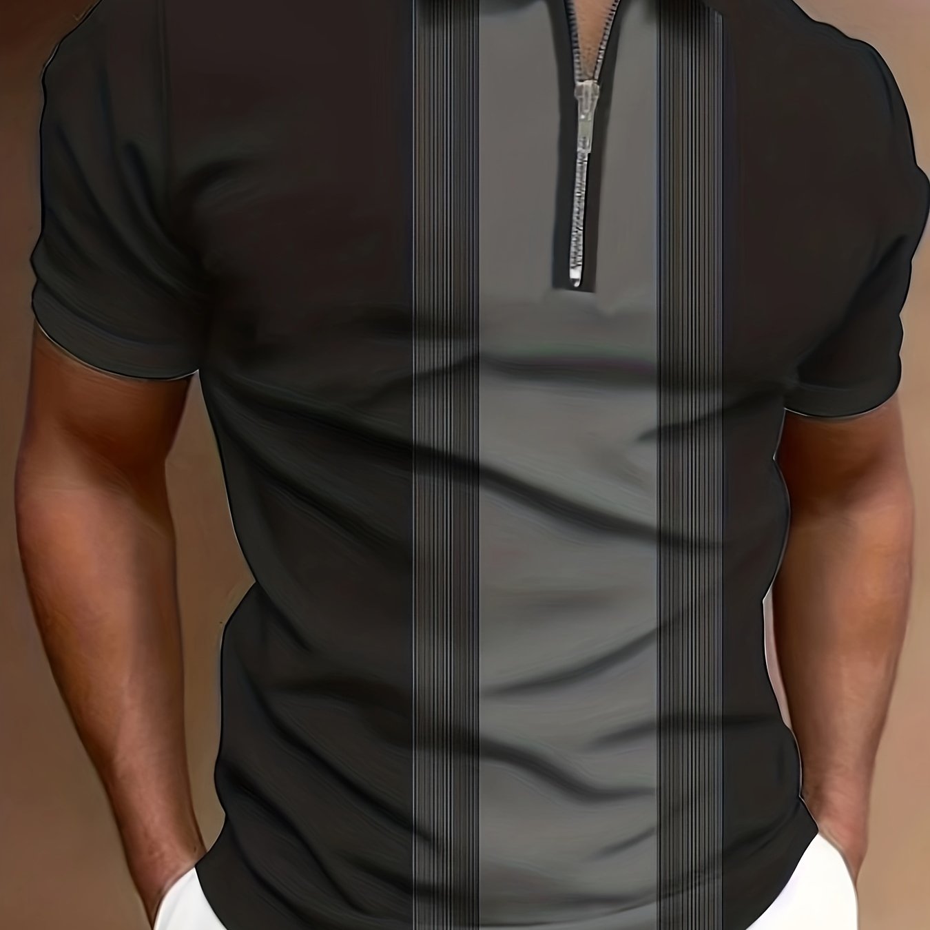Image of 1pc Men's Casual Short Sleeve Striped 3d Print Shirt With Zipper Detail, And Metal Chain, Summer Knit Polyester Fabric, Regular Fit Top