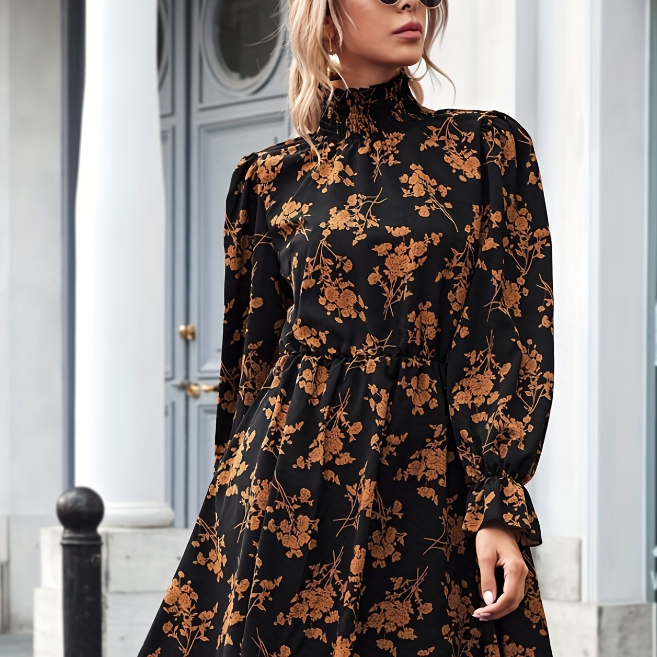 TEMU Floral Print Shirred Mock Neck Dress, Elegant Long Sleeve A Line Dress, Women's Clothing