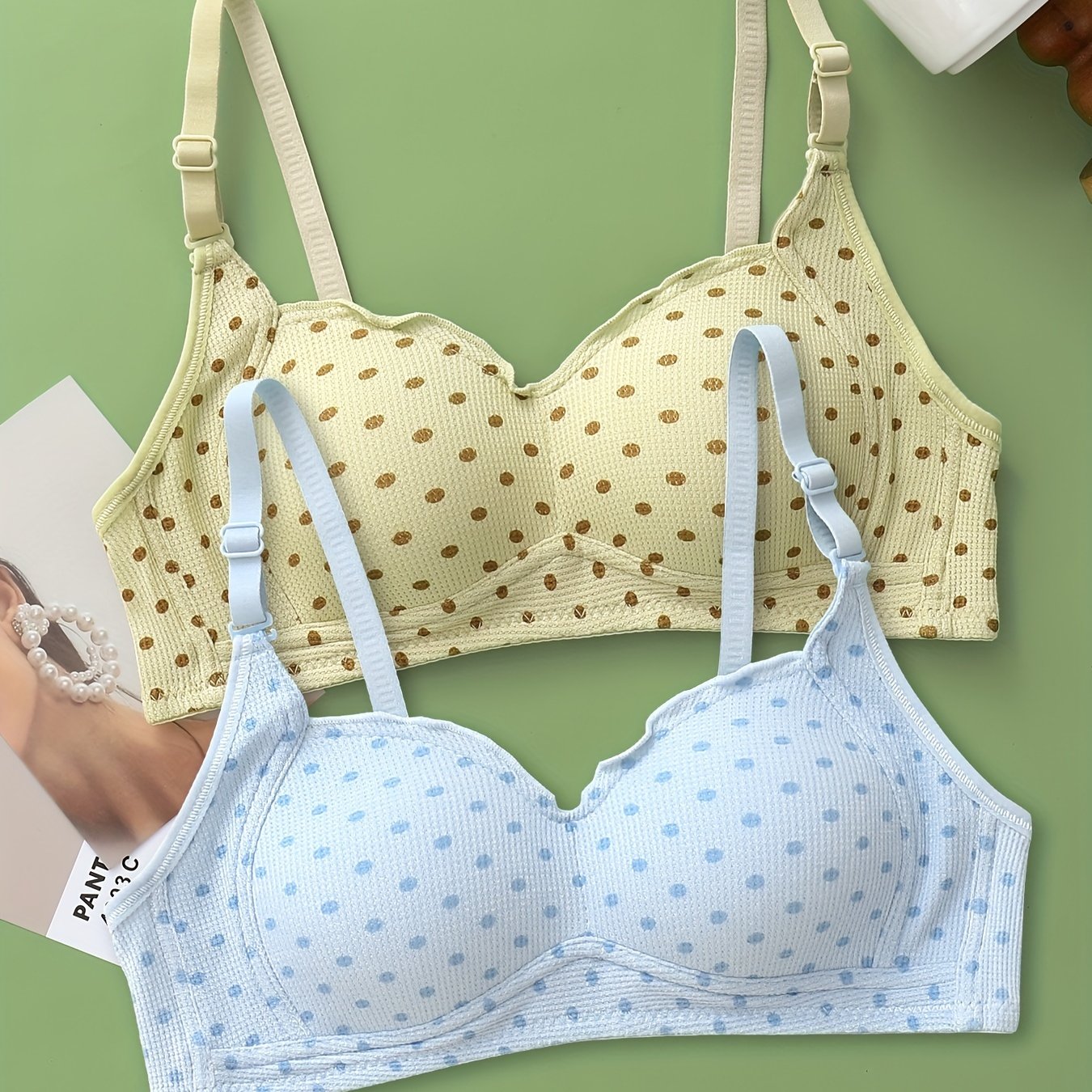 2pcs Girl's Cute Polka Dot Print No Steel Ring Push Up Thin Bras, Comfy V  Neck Adjustable Straps Bras