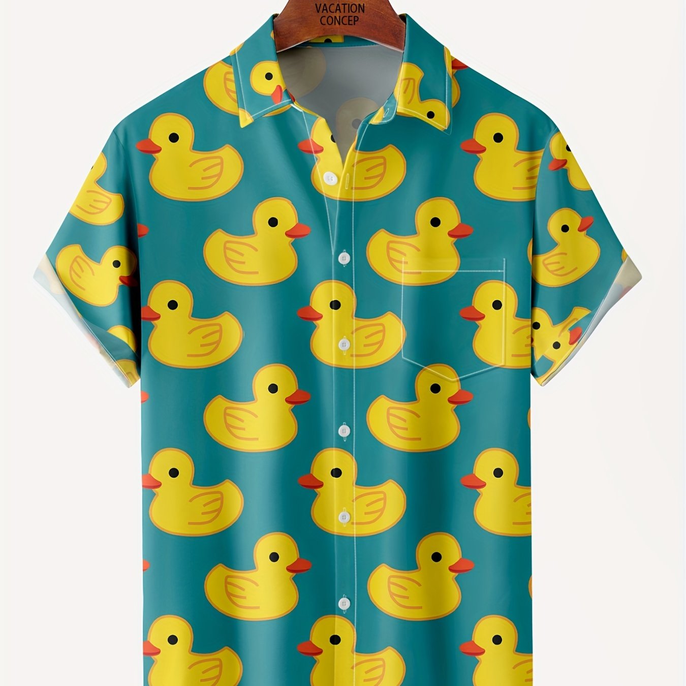 Cute Duck Print Men's Casual Short Sleeve Shirt With Chest Pocket, Men's Shirt For Resort, Tops For Men