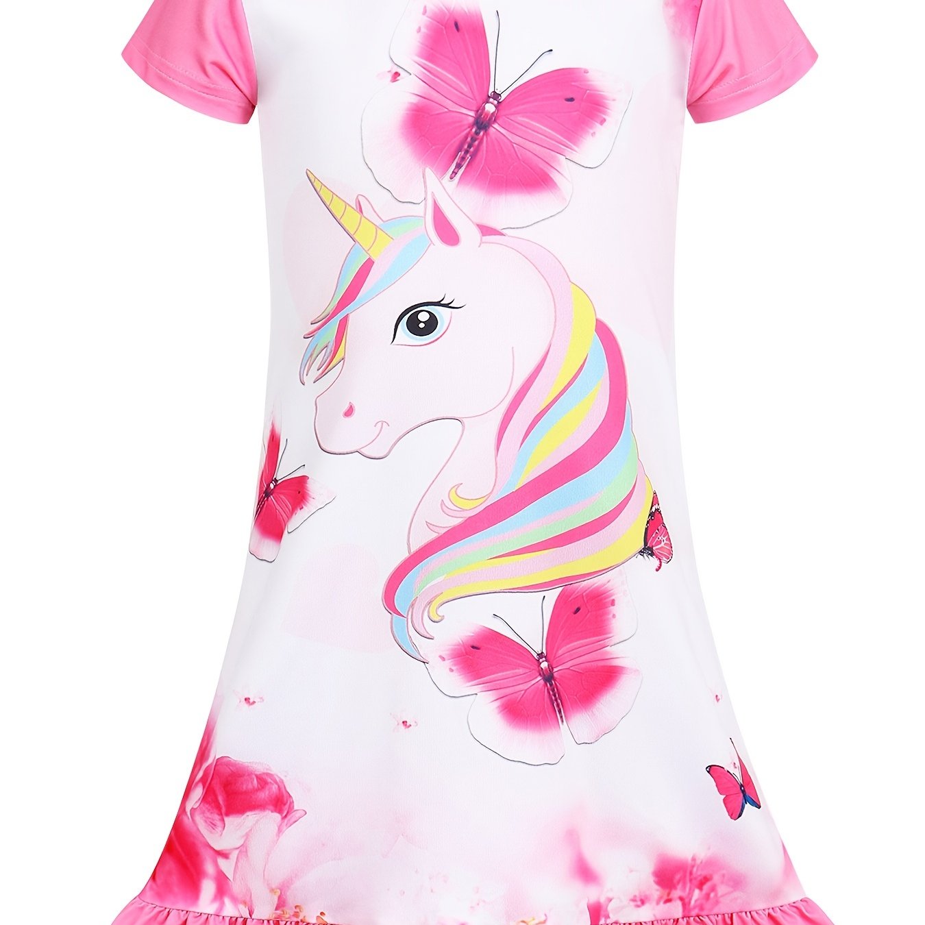 girls unicorn print nightdress kids short sleeve ruffle hem nightgowns sleepwear pajama dresses kids summer clothes rose red