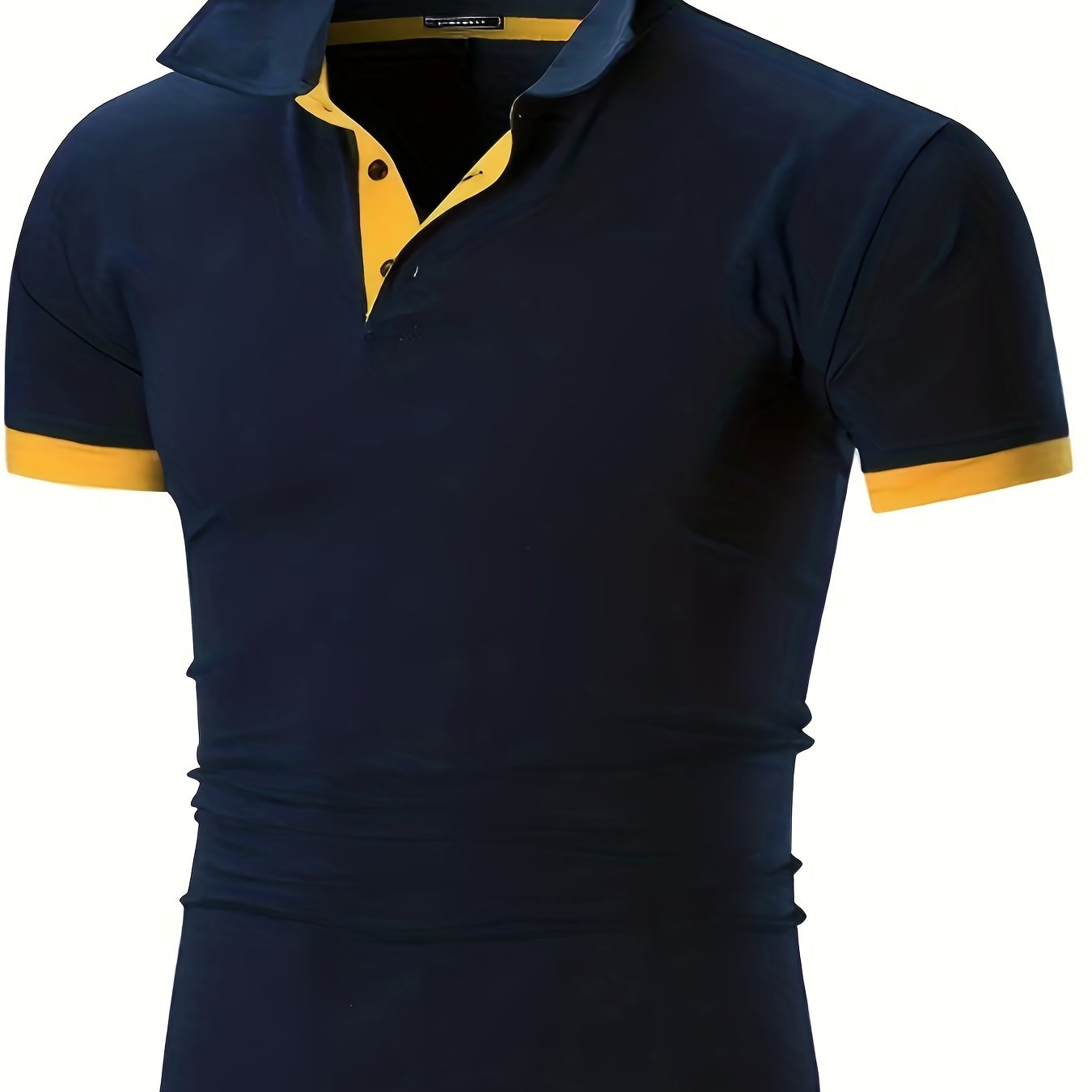 2023 Men's Sporty Casual Shirt - Navy Blue With Yellow Collar & Cuffs, Short Sleeve, Button-, Regular Fit For Golf, Tennis, Or Casual Attire, Golf Shirt, Apparel, Classic Collar, Durable Fabric