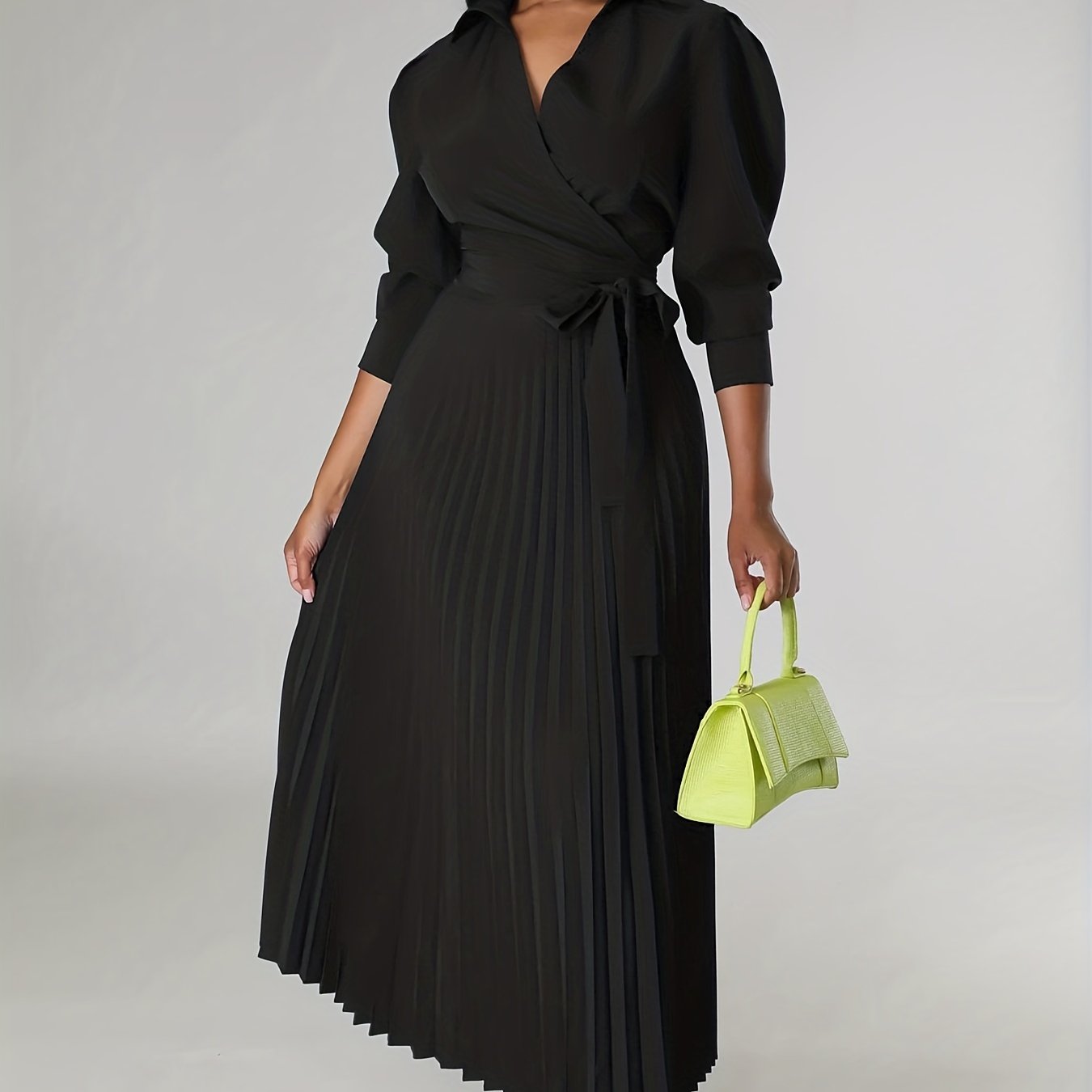 Kuva tulossa: TEMU Solides Plissee-Kleid, Elegantes Geknotetes V-Ausschnitt 3/4-Ärmel-Kleid, Damenbekleidung
