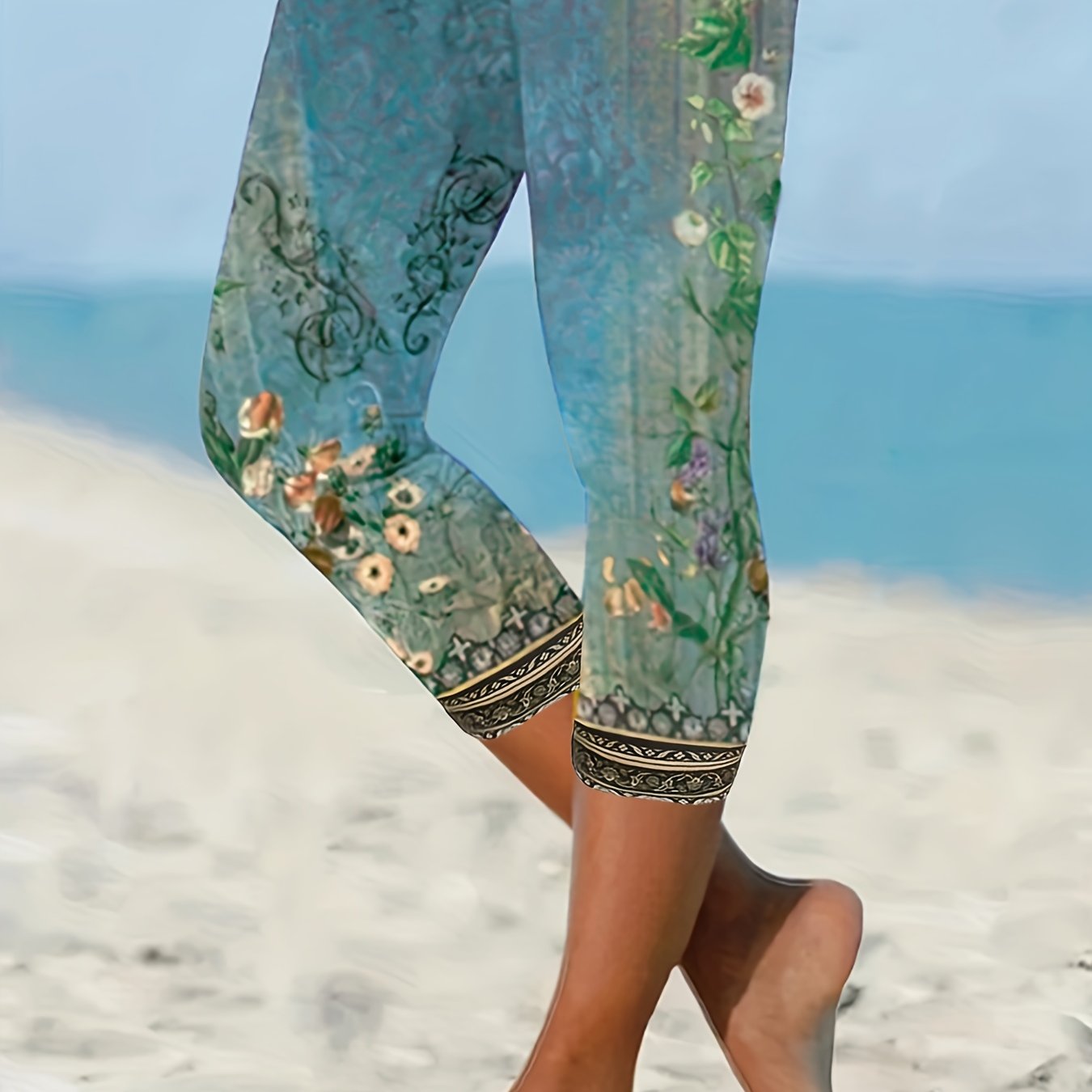 Floral Print Capri Leggings Boho Elastic Waist Slim Leggings - Temu