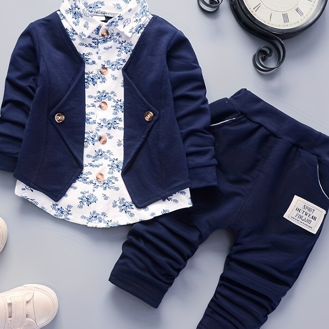 Image of New Baby Boy Flower Porcelain Print Long-sleeved Fake Two-piece Top Pants Outdoor Set, Party Casual For Spring And Autumn, Outdoor Cloth, For Outdoor