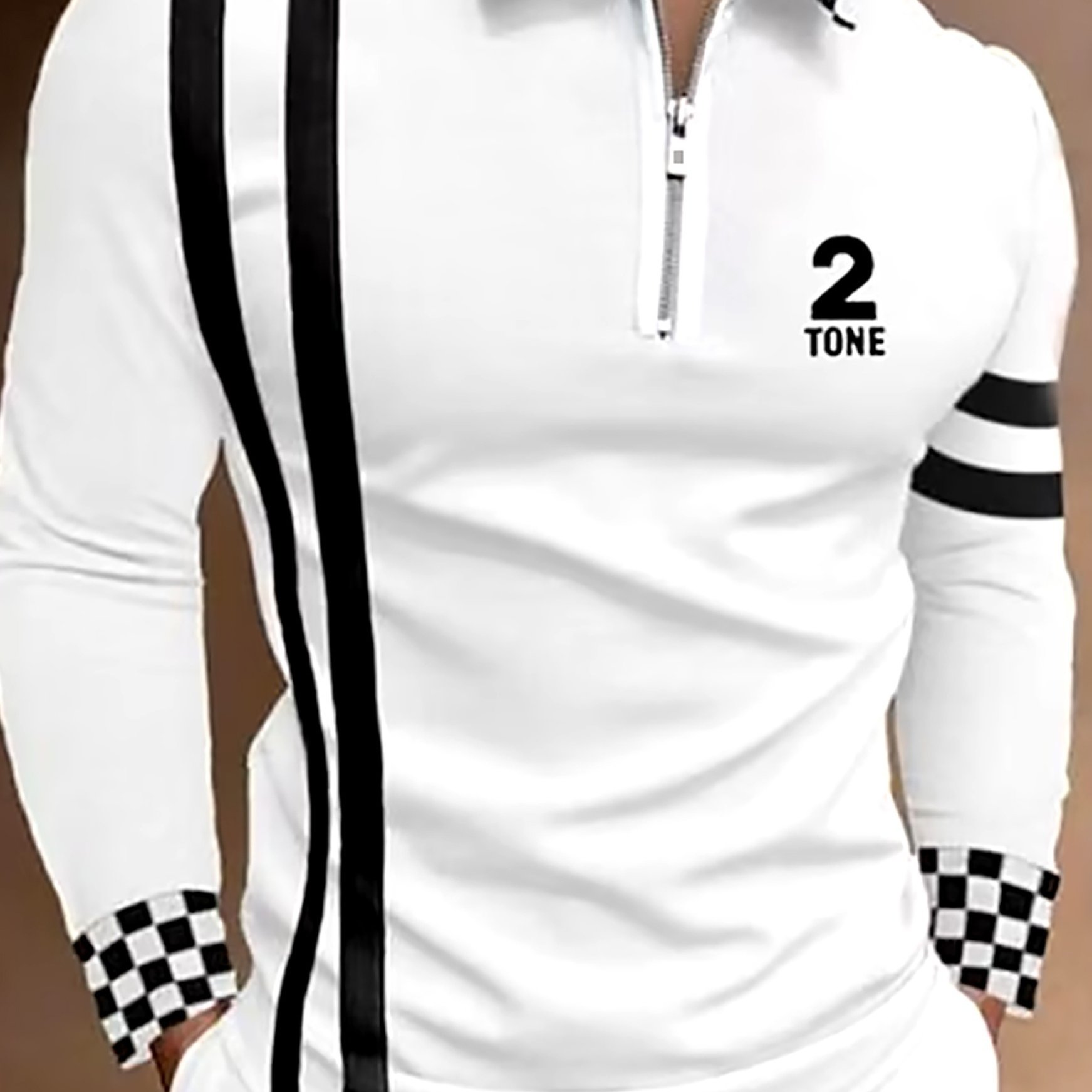 Men's Casual Short Sleeve Zip Up Shirt With Chain Detail, Polyester 100% Knit Fabric, Lapel Collar Top, Regular Fit, Letter Pattern Print - 164 Gsm