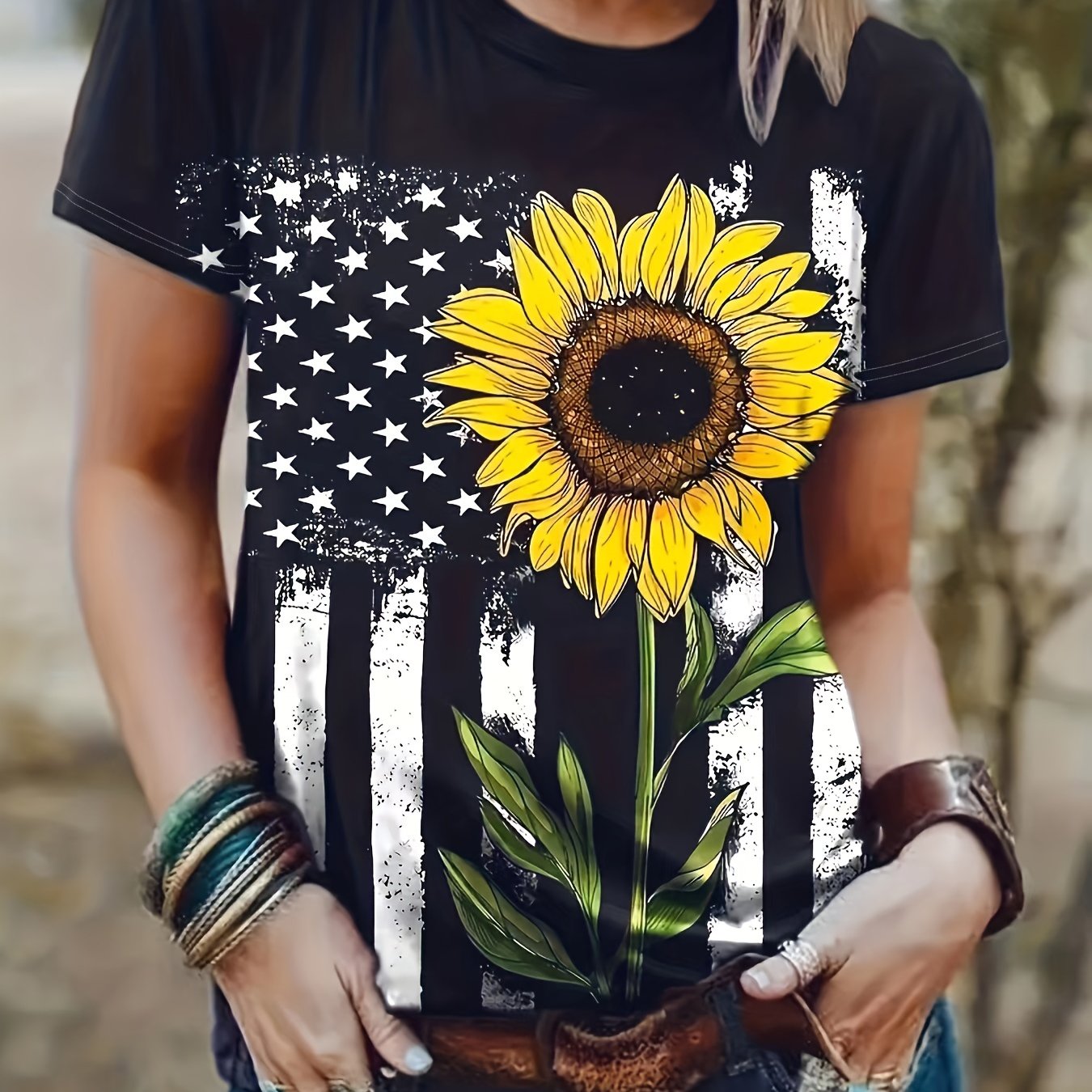 New PLUS SIZE Womens IVORY SUNFLOWER AMERICAN FLAG GOOD VIBES T SHIRT 1X 2X  3X