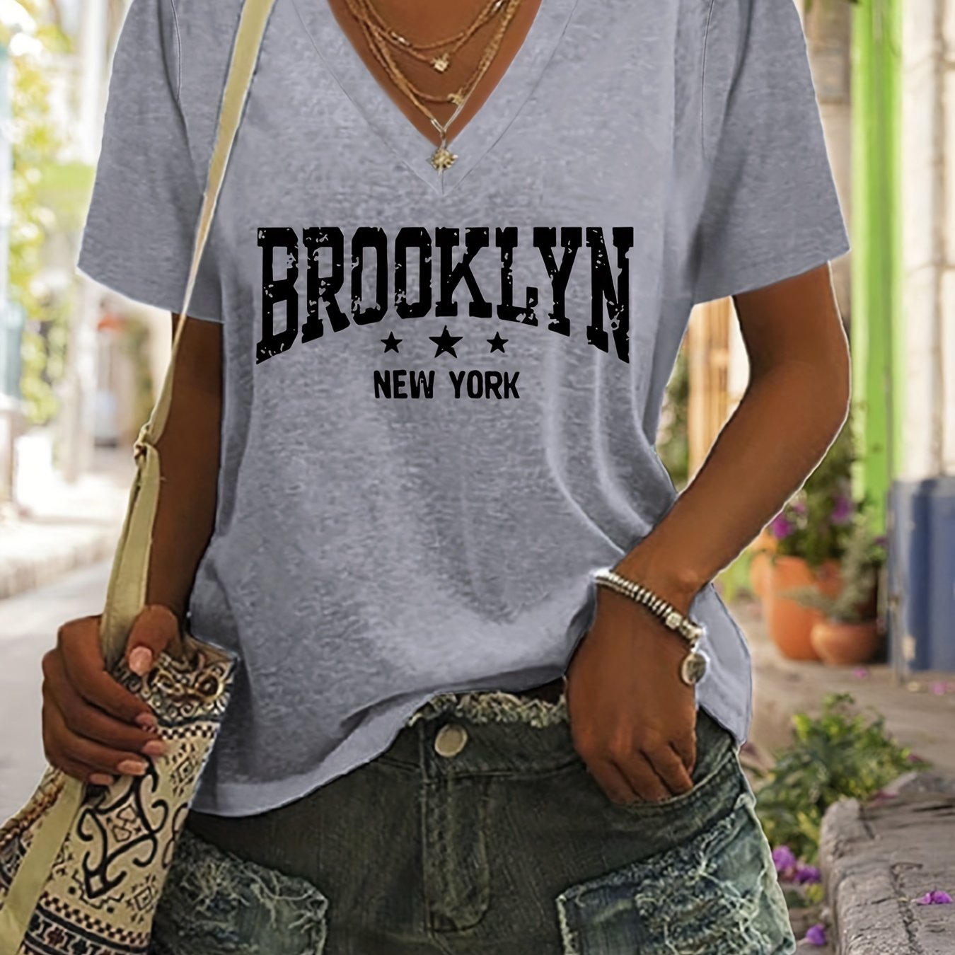 TEMU Brooklyn Camiseta Estampada, Top Casual De Verano De Manga Corta Con Cuello En V, Ropa De Mujer