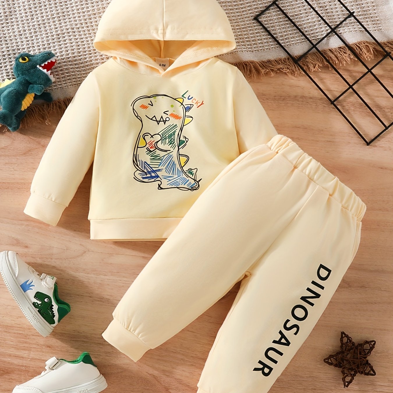 Boys and Girls Toddler Cute Dinosaur Painting Print Sweatshirt Hoodie, Pullover + Pants Set for Autumn and Winter,Temu